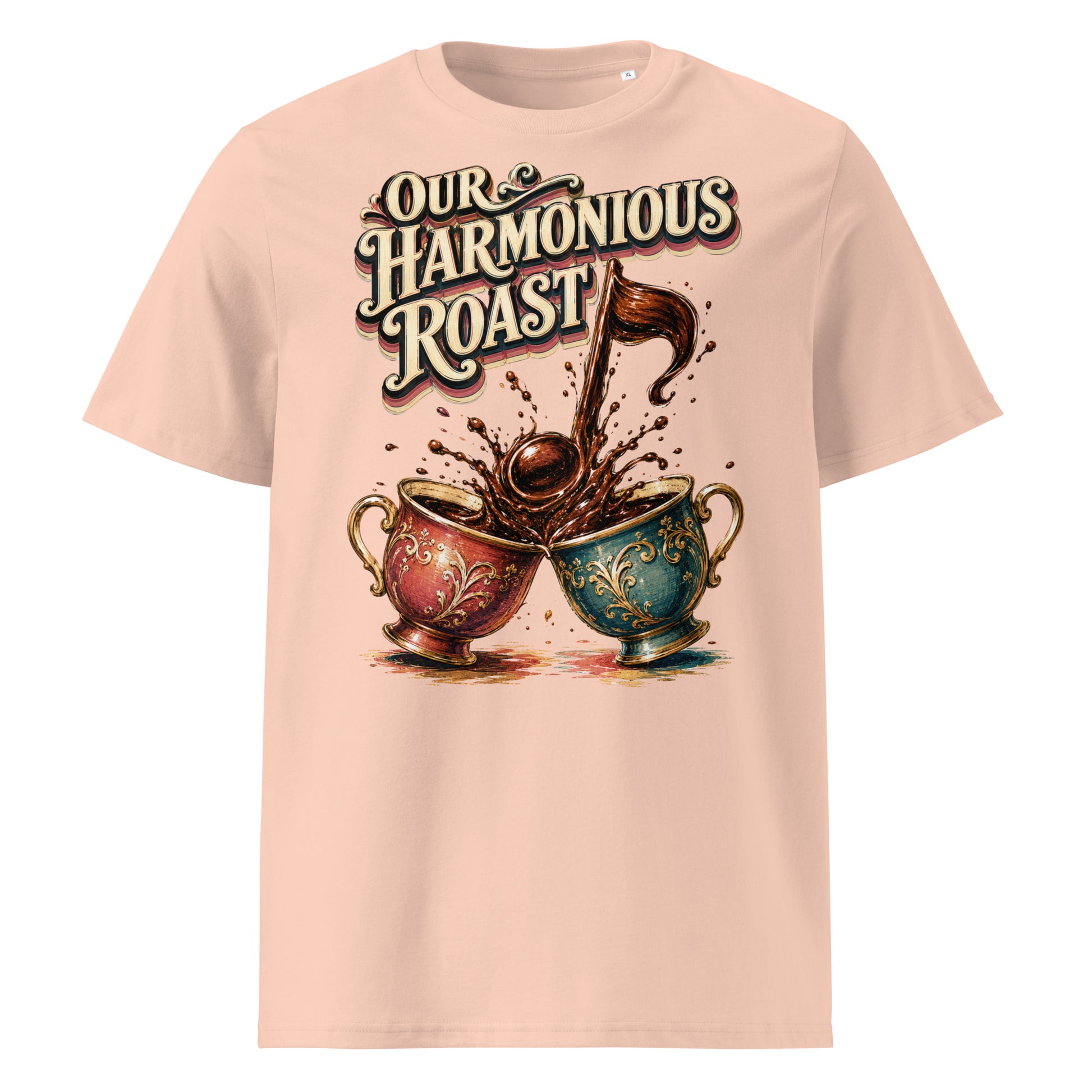 Coffee Lovers Unisex Organic Cotton T-Shirt Our Harmonious Roast – Musical Coffee Cups & Splatter Graphic Tee by printfluence.net