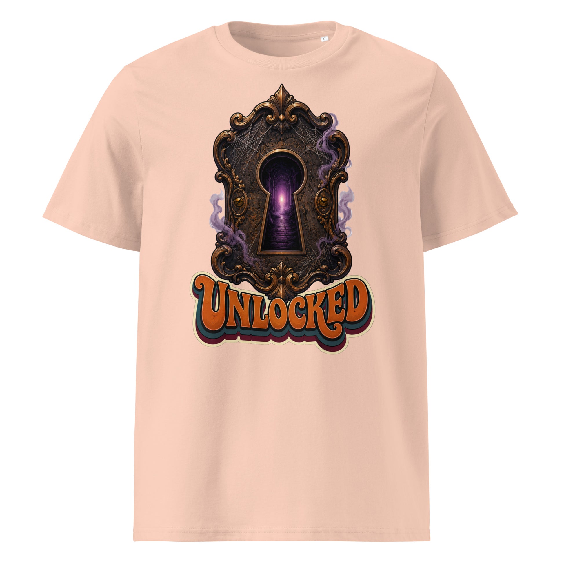 Horror and Mystery Lovers Unisex Organic Cotton Creator 2.0 T-Shirt — "Unlocked" Mystical Portal Design by printfluence.net