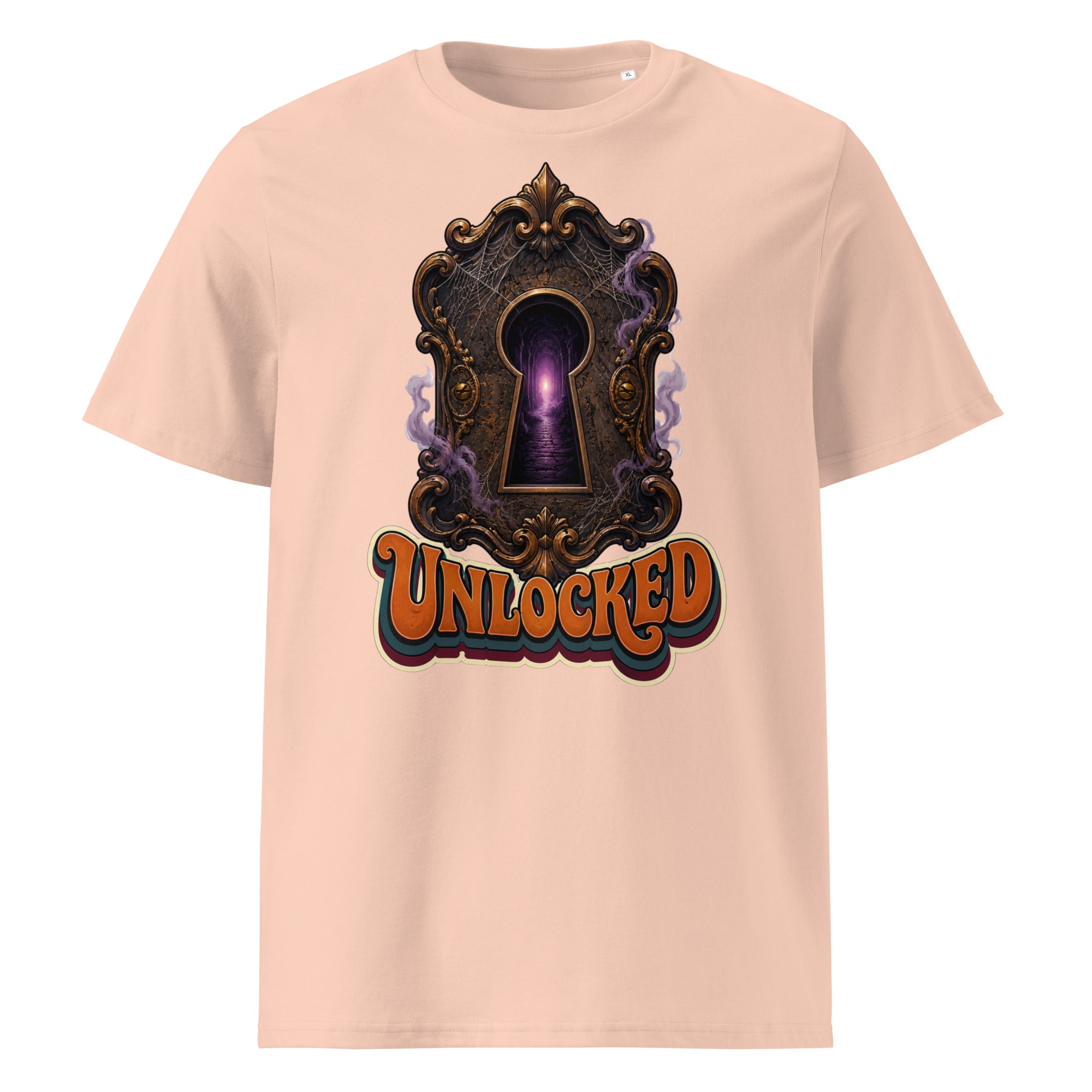 Horror and Mystery Lovers Unisex Organic Cotton Creator 2.0 T-Shirt — "Unlocked" Mystical Portal Design by printfluence.net