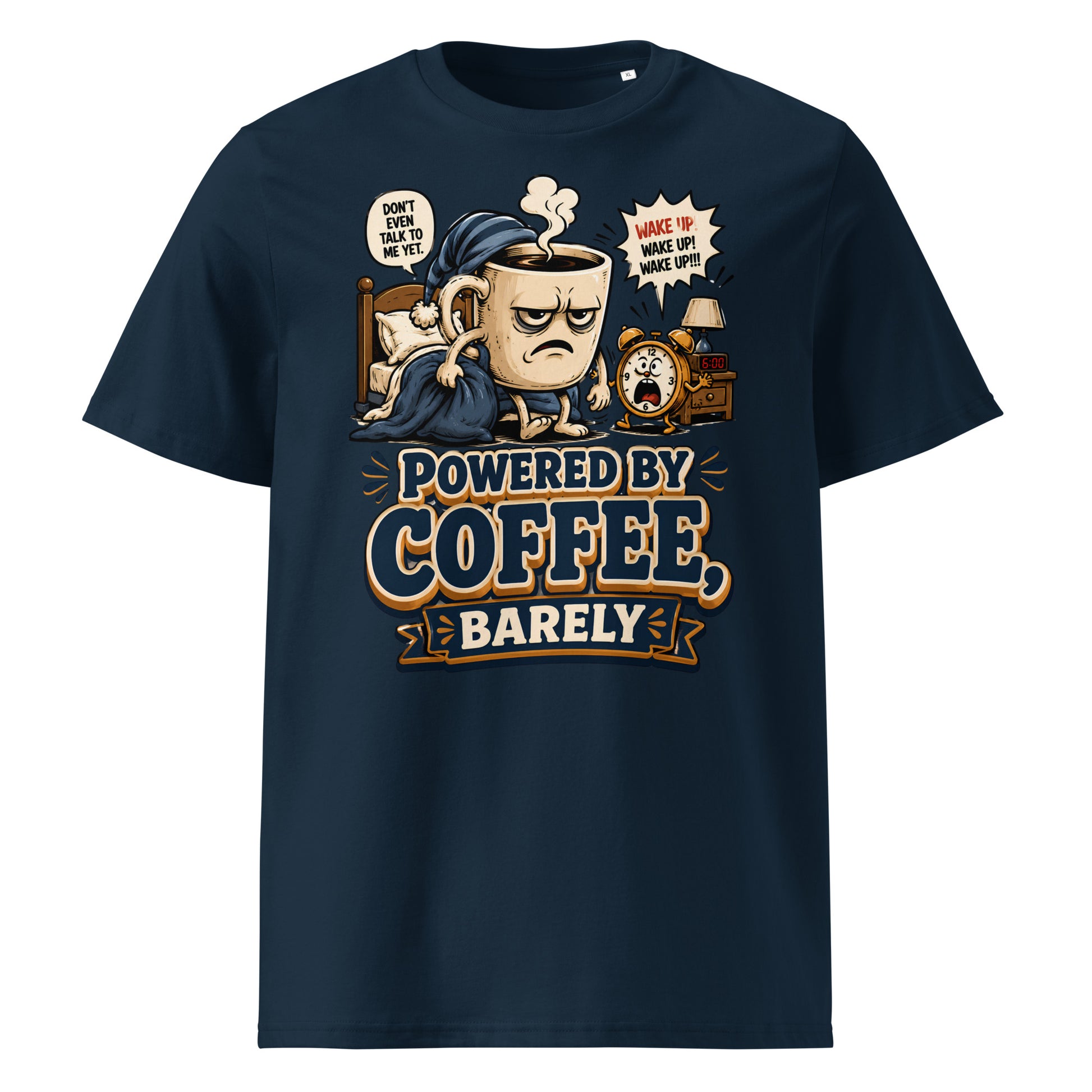 Coffee Lovers Unisex Organic Cotton Tee - Powered By Coffee, Barely! by printfluence.net
