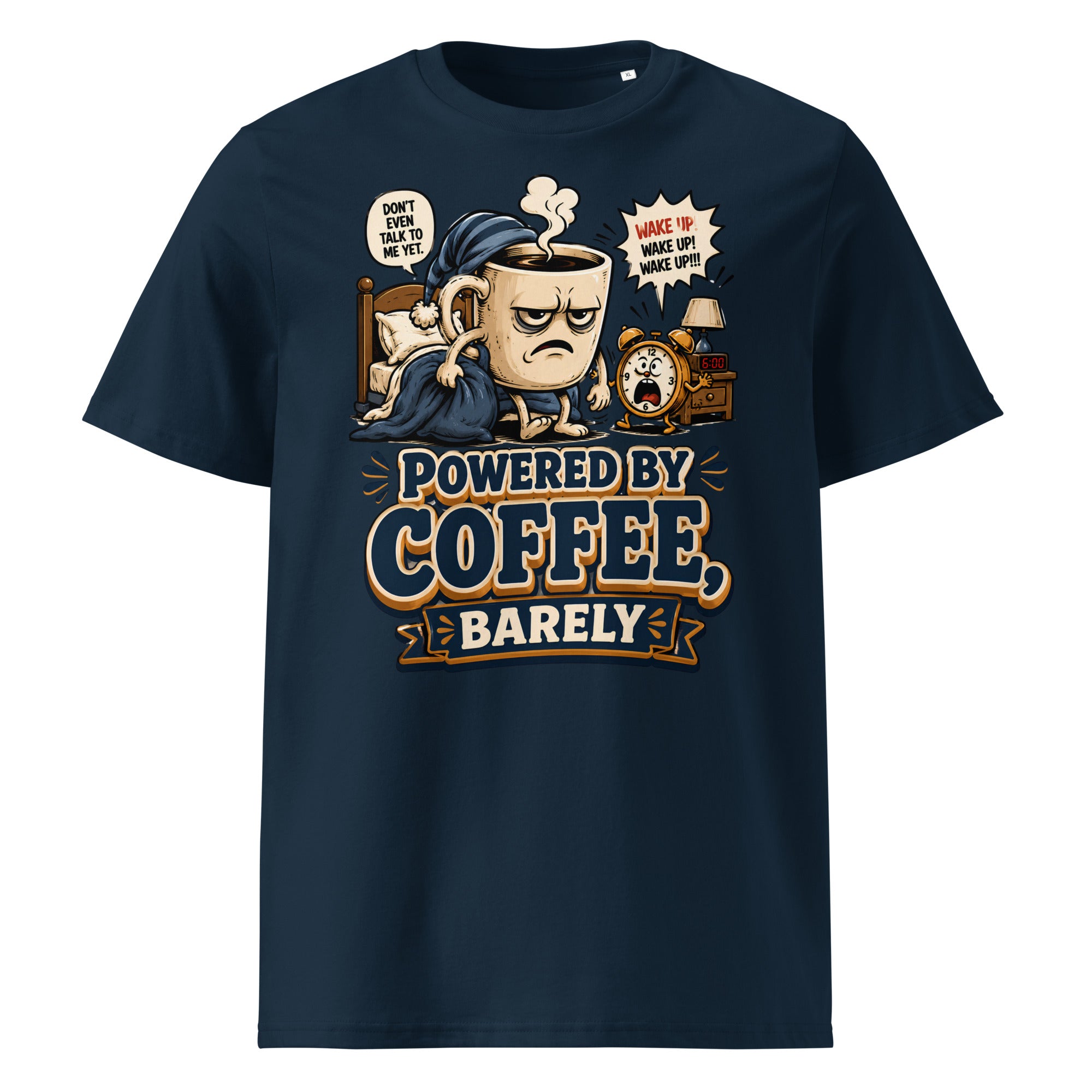 Coffee Lovers Unisex Organic Cotton Tee - Powered By Coffee, Barely! by printfluence.net