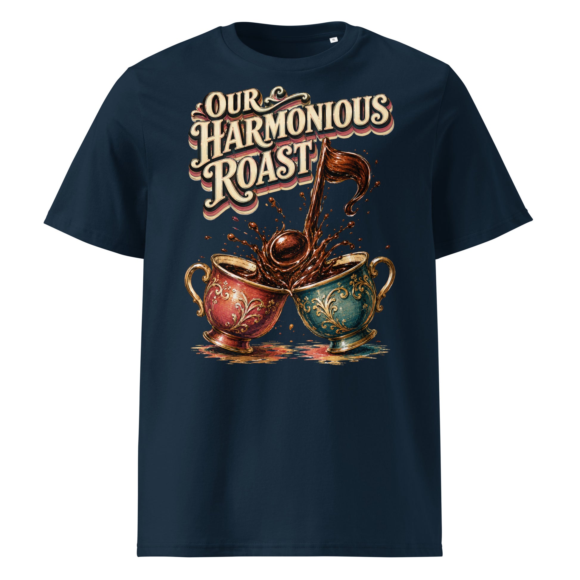 Coffee Lovers Unisex Organic Cotton T-Shirt Our Harmonious Roast – Musical Coffee Cups & Splatter Graphic Tee by printfluence.net