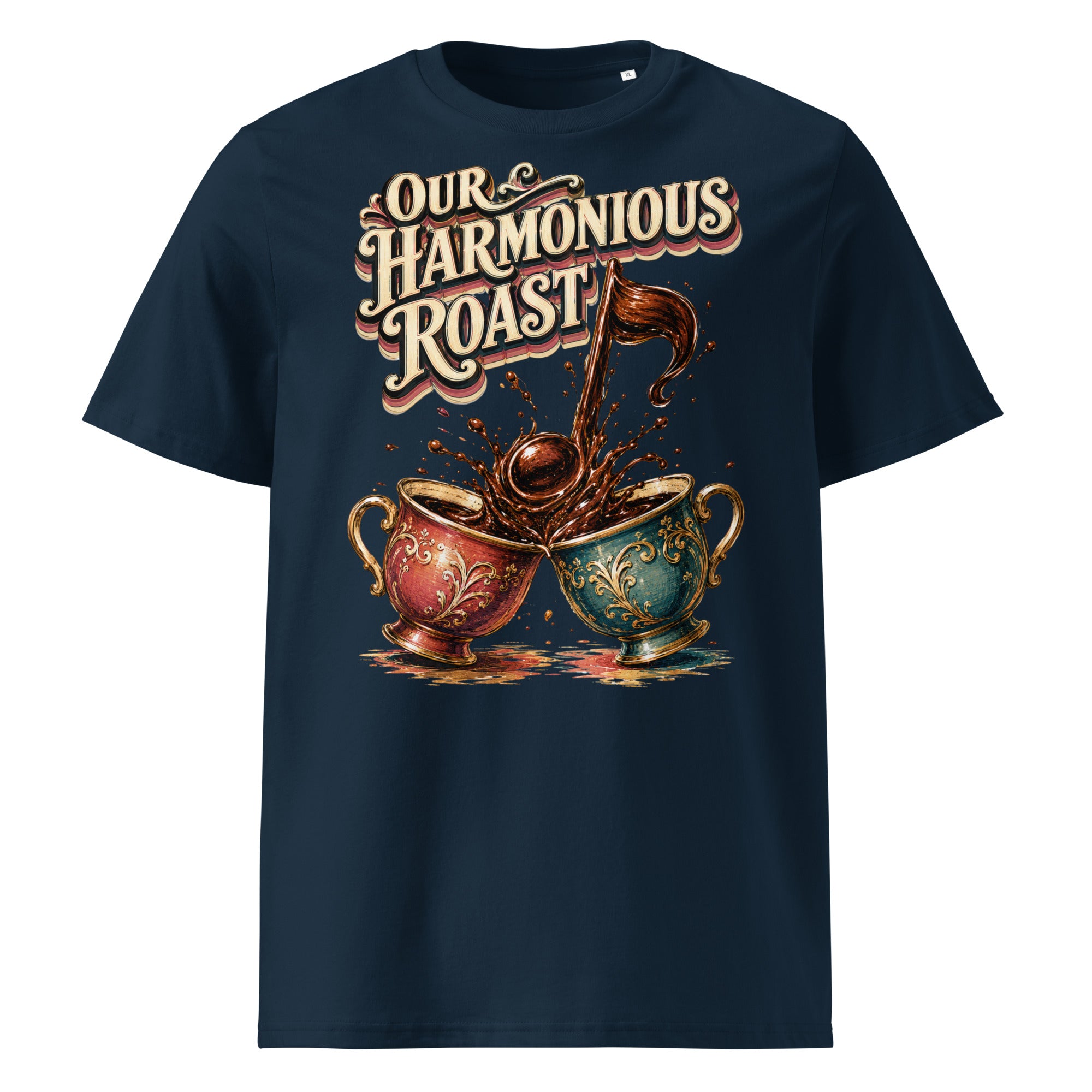 Coffee Lovers Unisex Organic Cotton T-Shirt Our Harmonious Roast – Musical Coffee Cups & Splatter Graphic Tee by printfluence.net