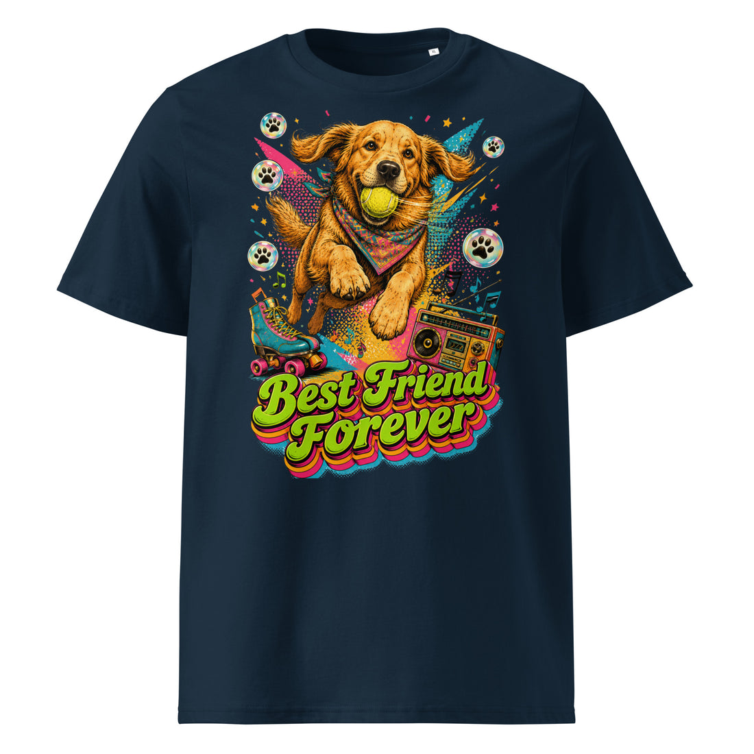 Golden Retriever Lovers Unisex Organic Cotton T-Shirt — "Best Friend Forever" Retro 80s Roller Skate and Dog Design by printfluence.net