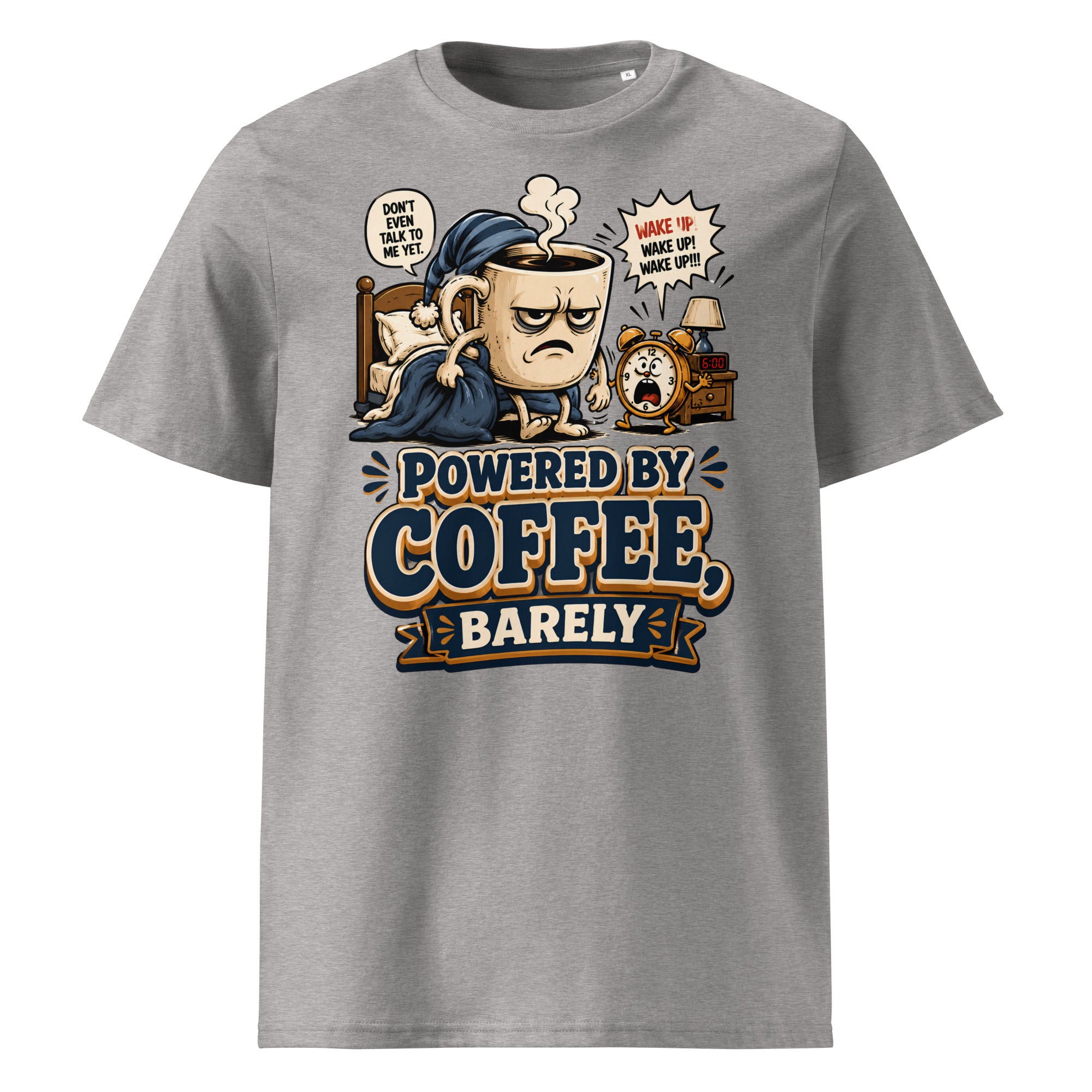 Coffee Lovers Unisex Organic Cotton Tee - Powered By Coffee, Barely! by printfluence.net