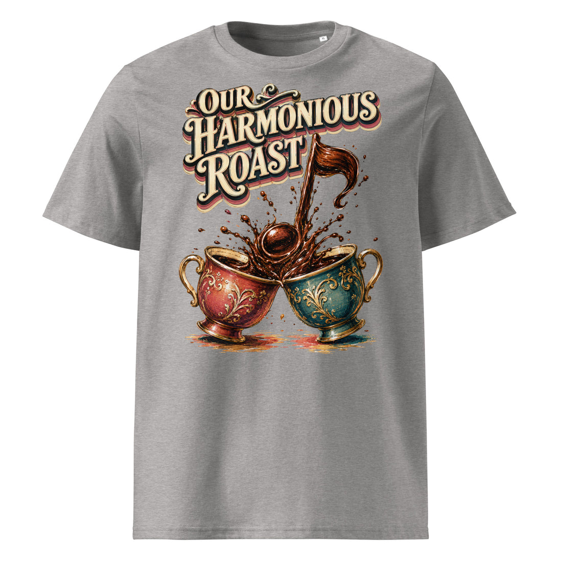 Coffee Lovers Unisex Organic Cotton T-Shirt Our Harmonious Roast – Musical Coffee Cups & Splatter Graphic Tee by printfluence.net