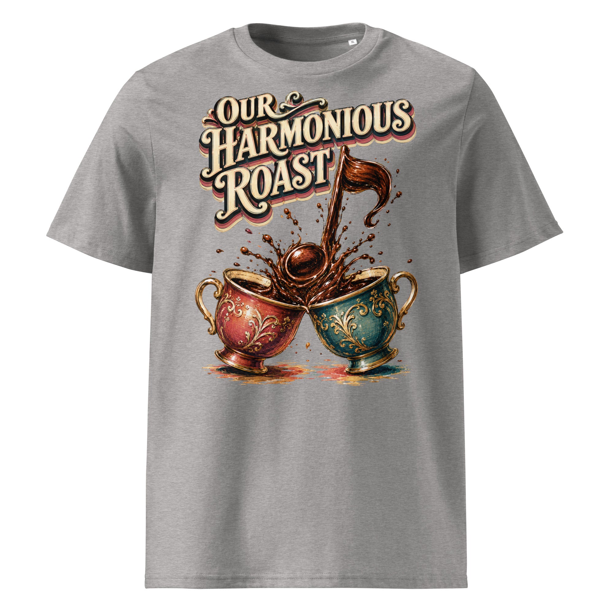 Coffee Lovers Unisex Organic Cotton T-Shirt Our Harmonious Roast – Musical Coffee Cups & Splatter Graphic Tee by printfluence.net