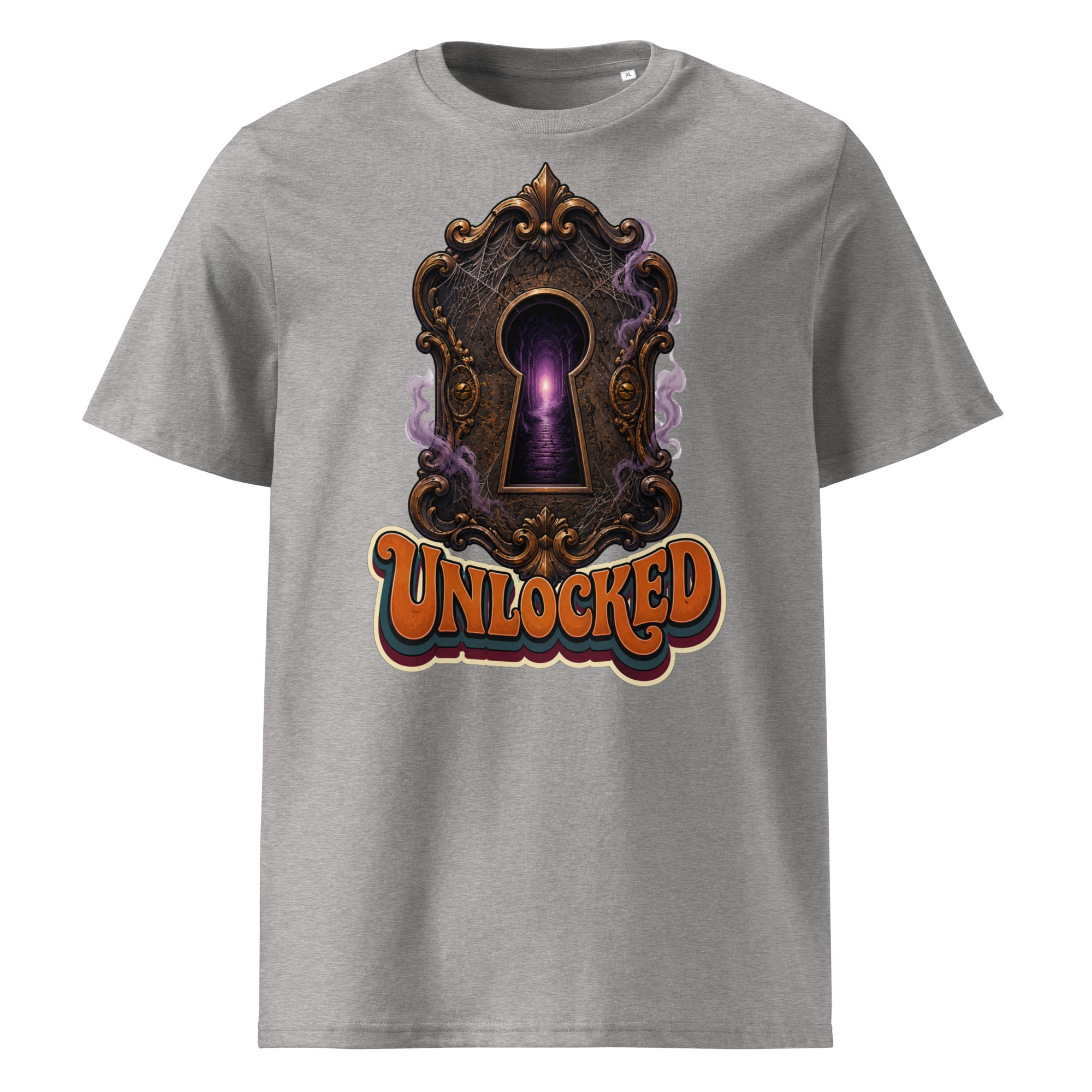 Horror and Mystery Lovers Unisex Organic Cotton Creator 2.0 T-Shirt — "Unlocked" Mystical Portal Design by printfluence.net