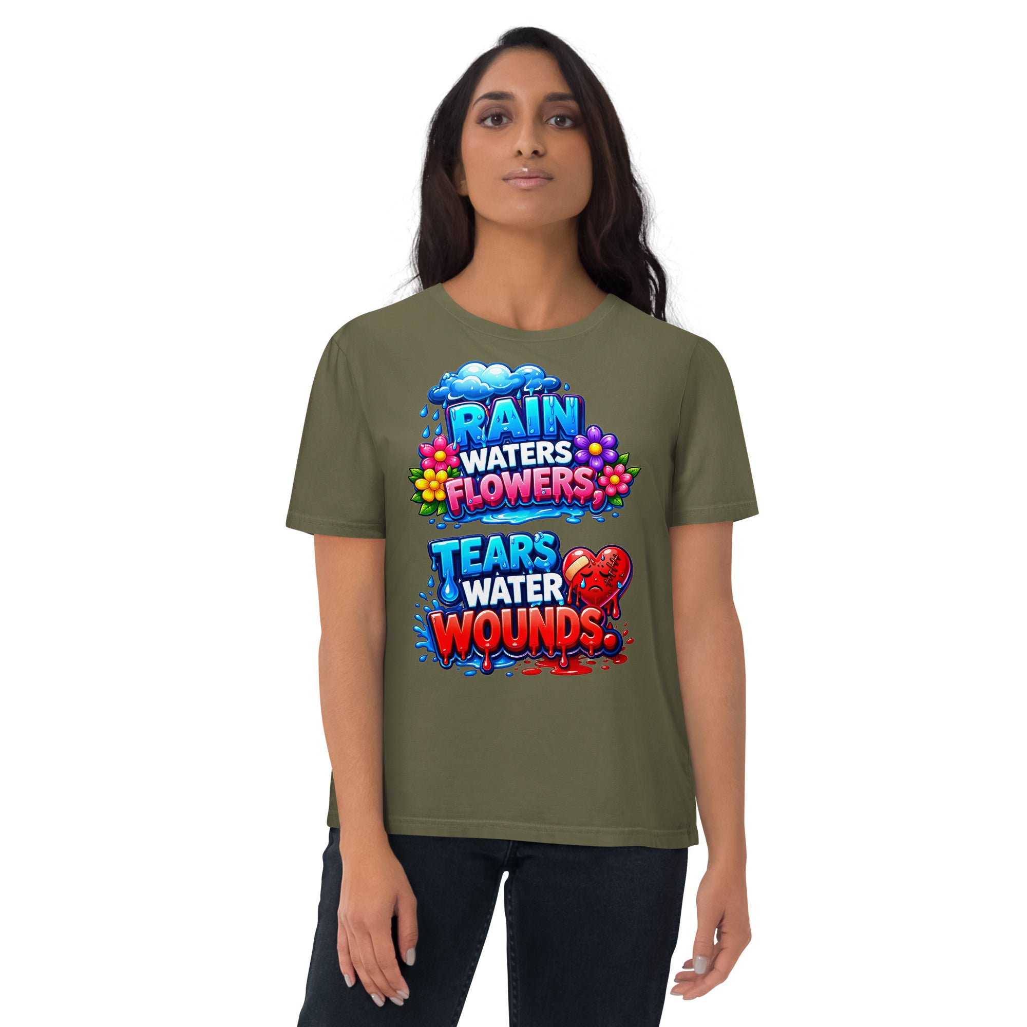 Unisex organic cotton t-shirt - Inspirational Healing Hearts Organic Tee – "Rain Waters Flowers" Positive Quote T-Shirt by printfluence.net