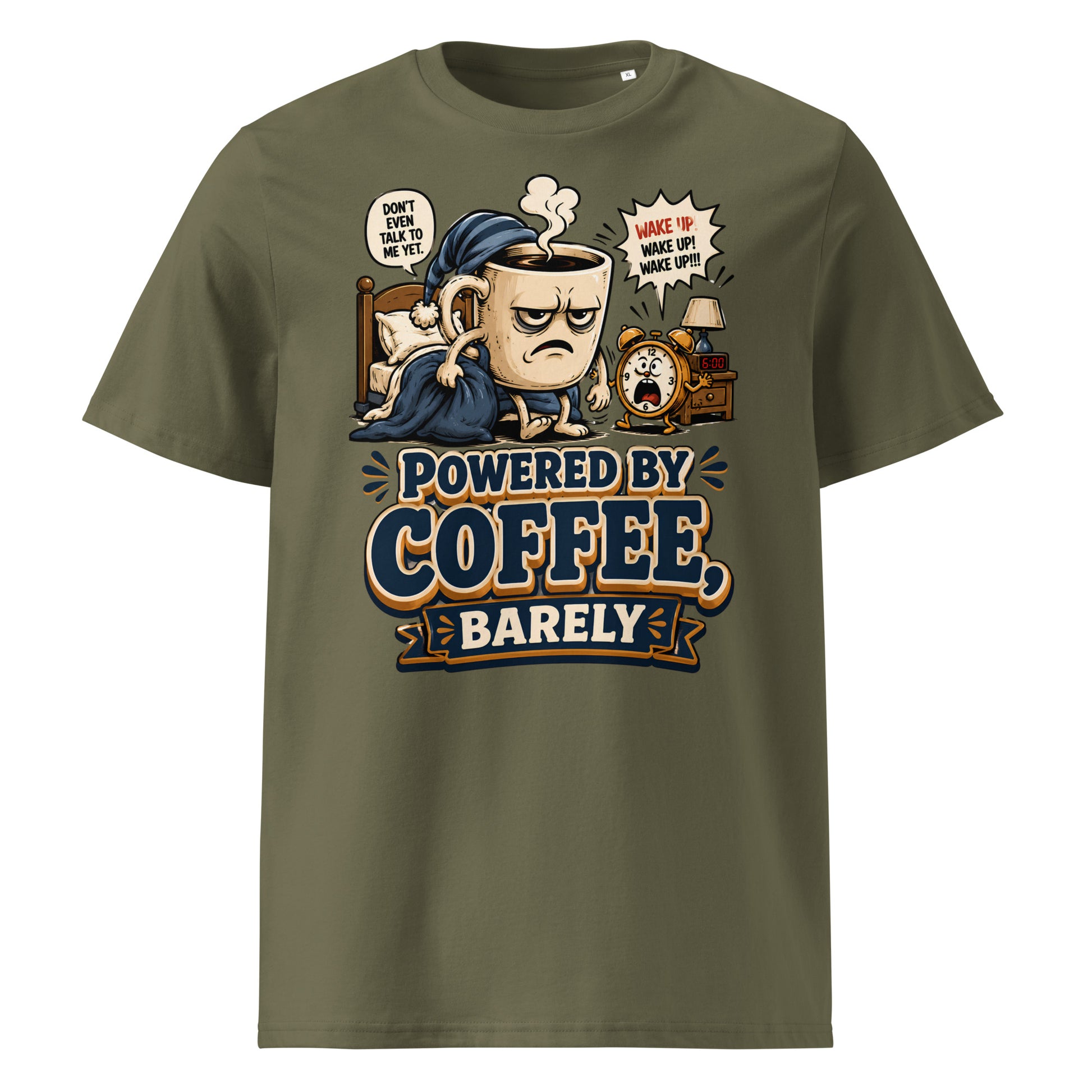 Coffee Lovers Unisex Organic Cotton Tee - Powered By Coffee, Barely! by printfluence.net