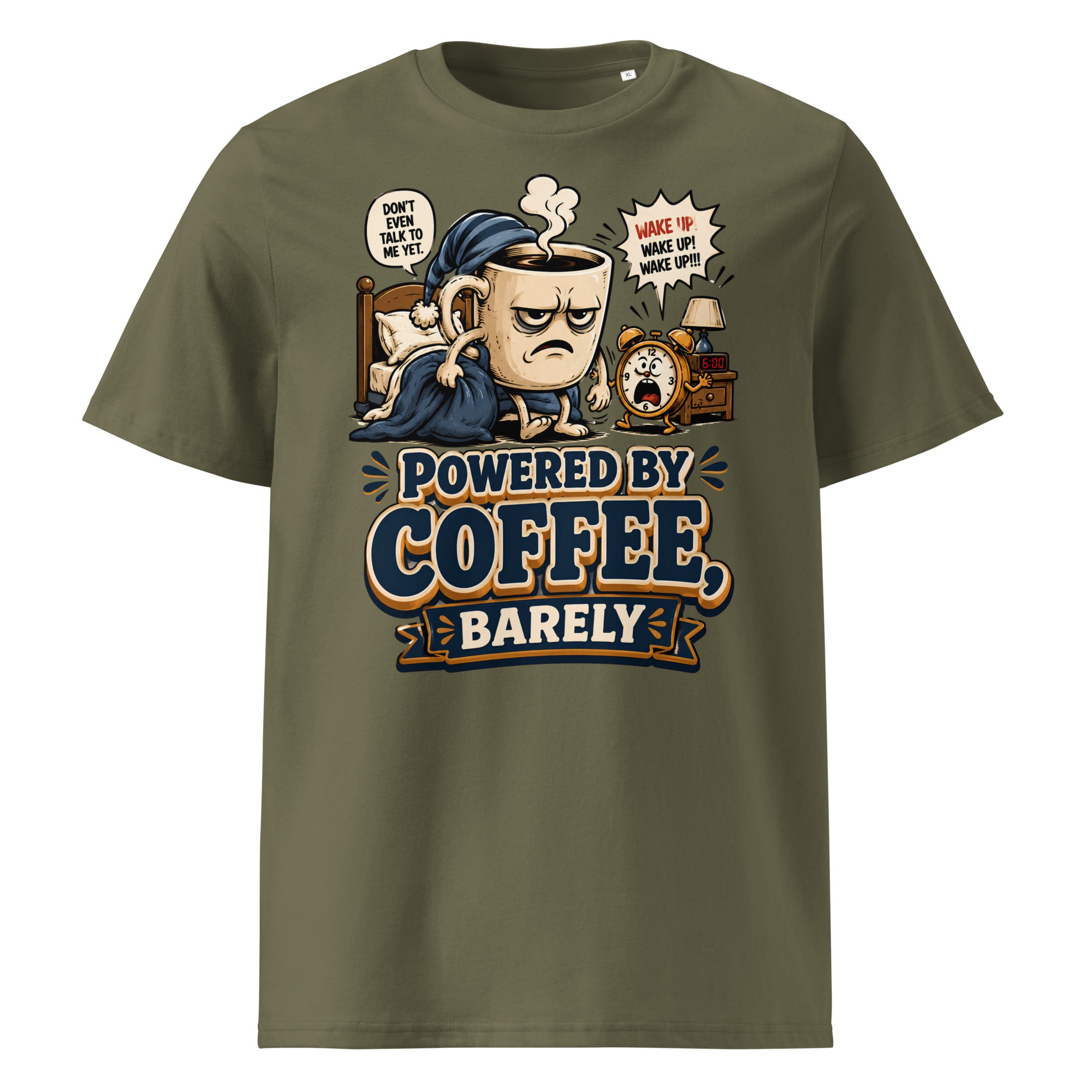Coffee Lovers Unisex Organic Cotton Tee - Powered By Coffee, Barely! by printfluence.net