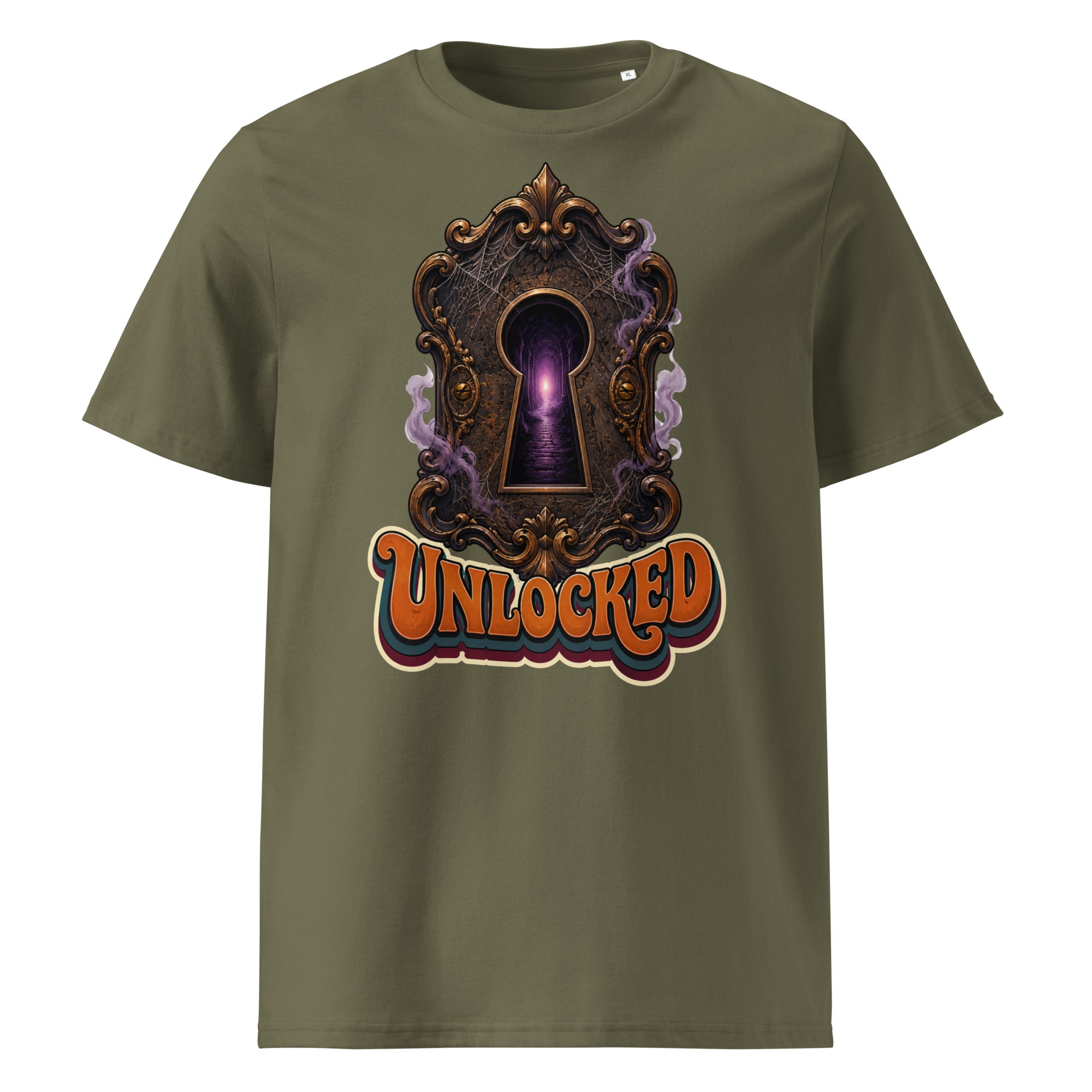 Horror and Mystery Lovers Unisex Organic Cotton Creator 2.0 T-Shirt — "Unlocked" Mystical Portal Design by printfluence.net