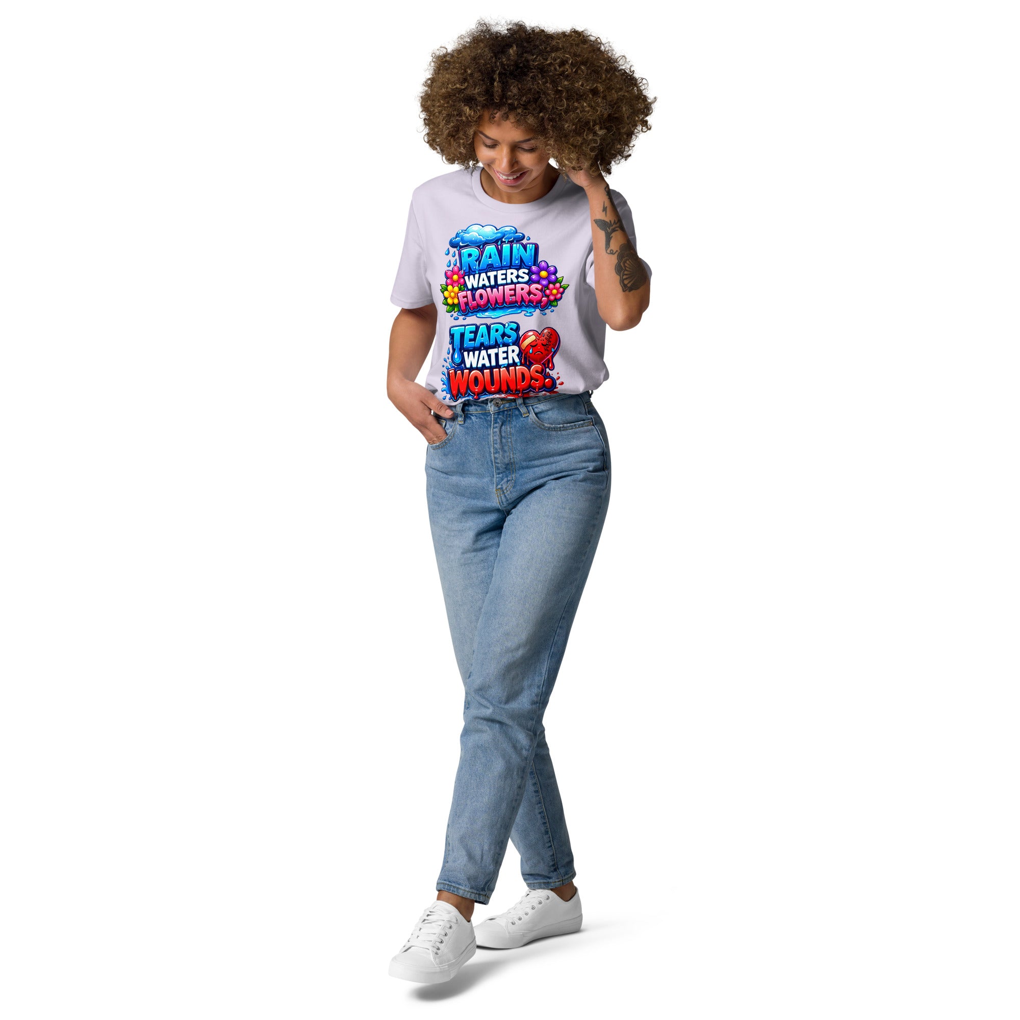Unisex organic cotton t-shirt - Inspirational Healing Hearts Organic Tee – "Rain Waters Flowers" Positive Quote T-Shirt by printfluence.net