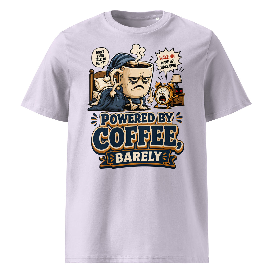 Coffee Lovers Unisex Organic Cotton Tee - Powered By Coffee, Barely! by printfluence.net