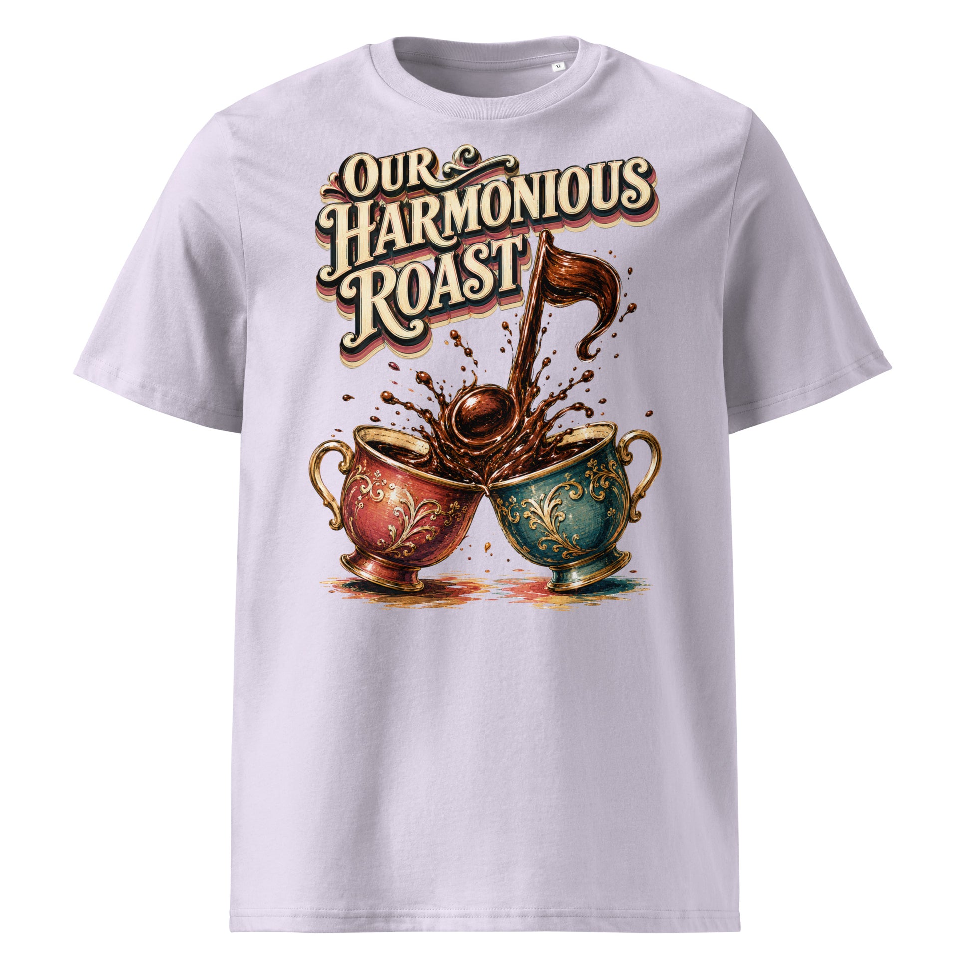 Coffee Lovers Unisex Organic Cotton T-Shirt Our Harmonious Roast – Musical Coffee Cups & Splatter Graphic Tee by printfluence.net