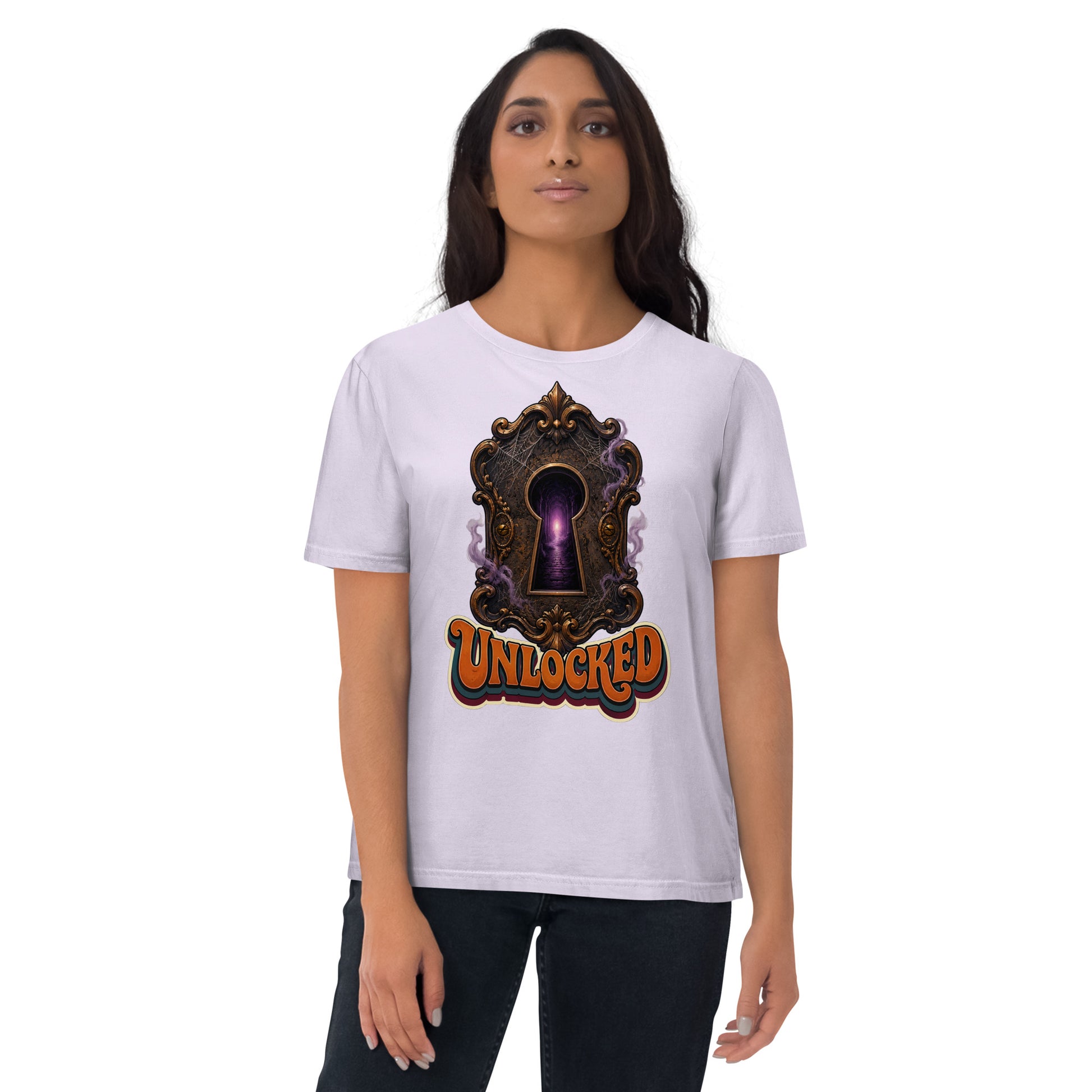 Horror and Mystery Lovers Unisex Organic Cotton Creator 2.0 T-Shirt — "Unlocked" Mystical Portal Design by printfluence.net
