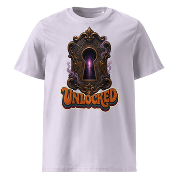 Horror and Mystery Lovers Unisex Organic Cotton Creator 2.0 T-Shirt — "Unlocked" Mystical Portal Design by printfluence.net