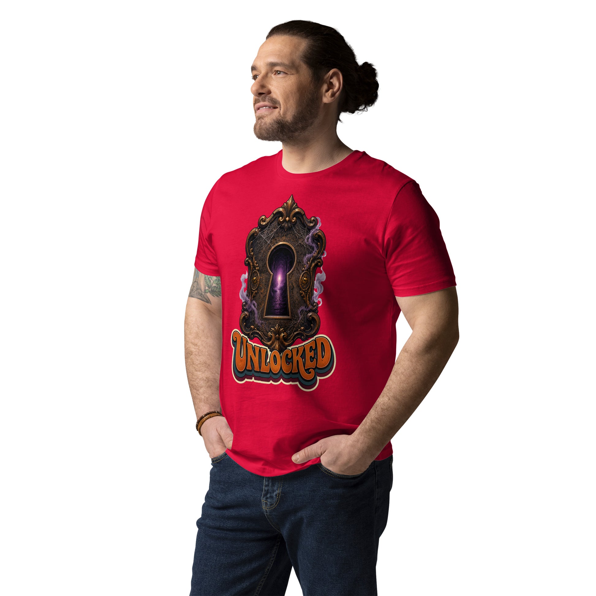 Horror and Mystery Lovers Unisex Organic Cotton Creator 2.0 T-Shirt — "Unlocked" Mystical Portal Design by printfluence.net