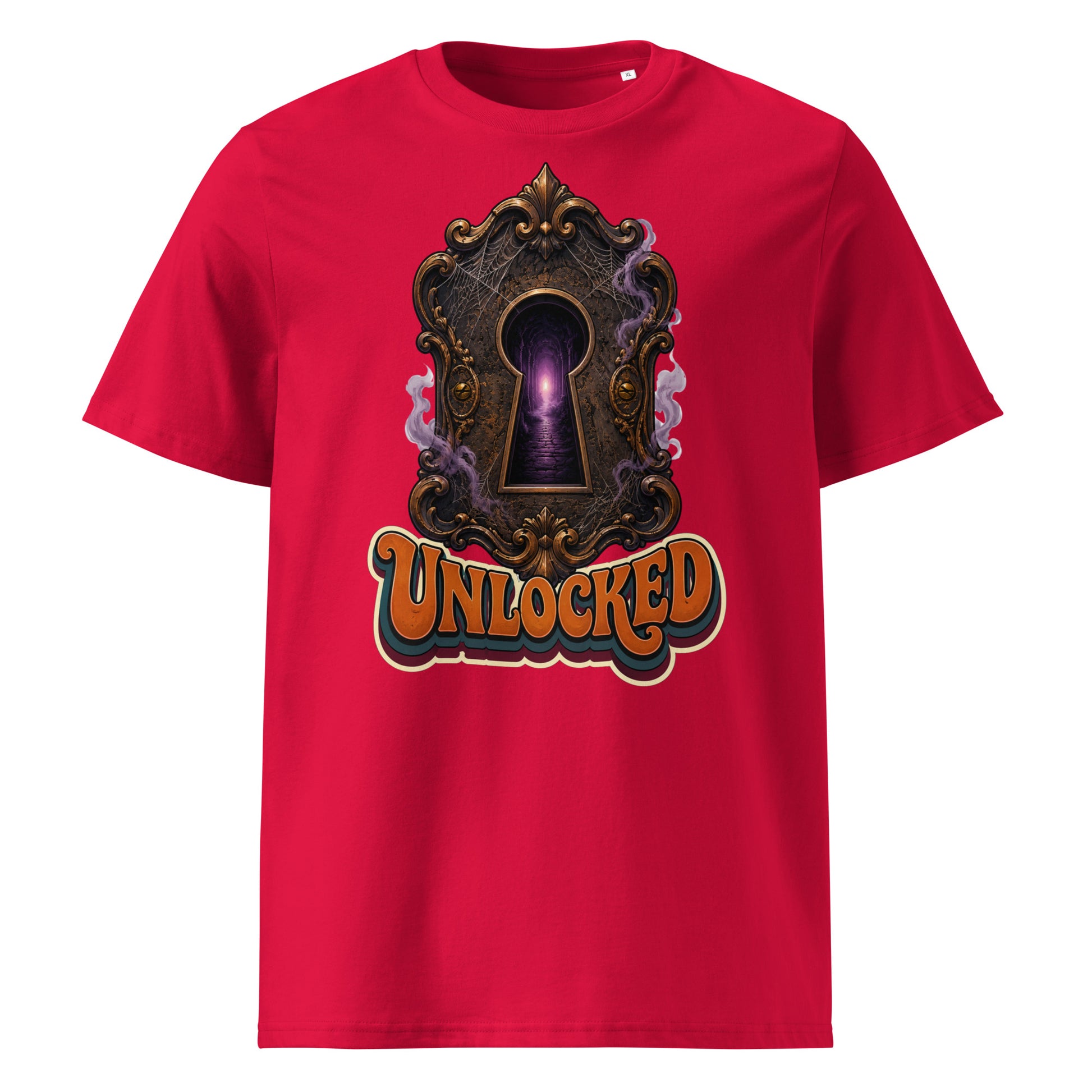 Horror and Mystery Lovers Unisex Organic Cotton Creator 2.0 T-Shirt — "Unlocked" Mystical Portal Design by printfluence.net