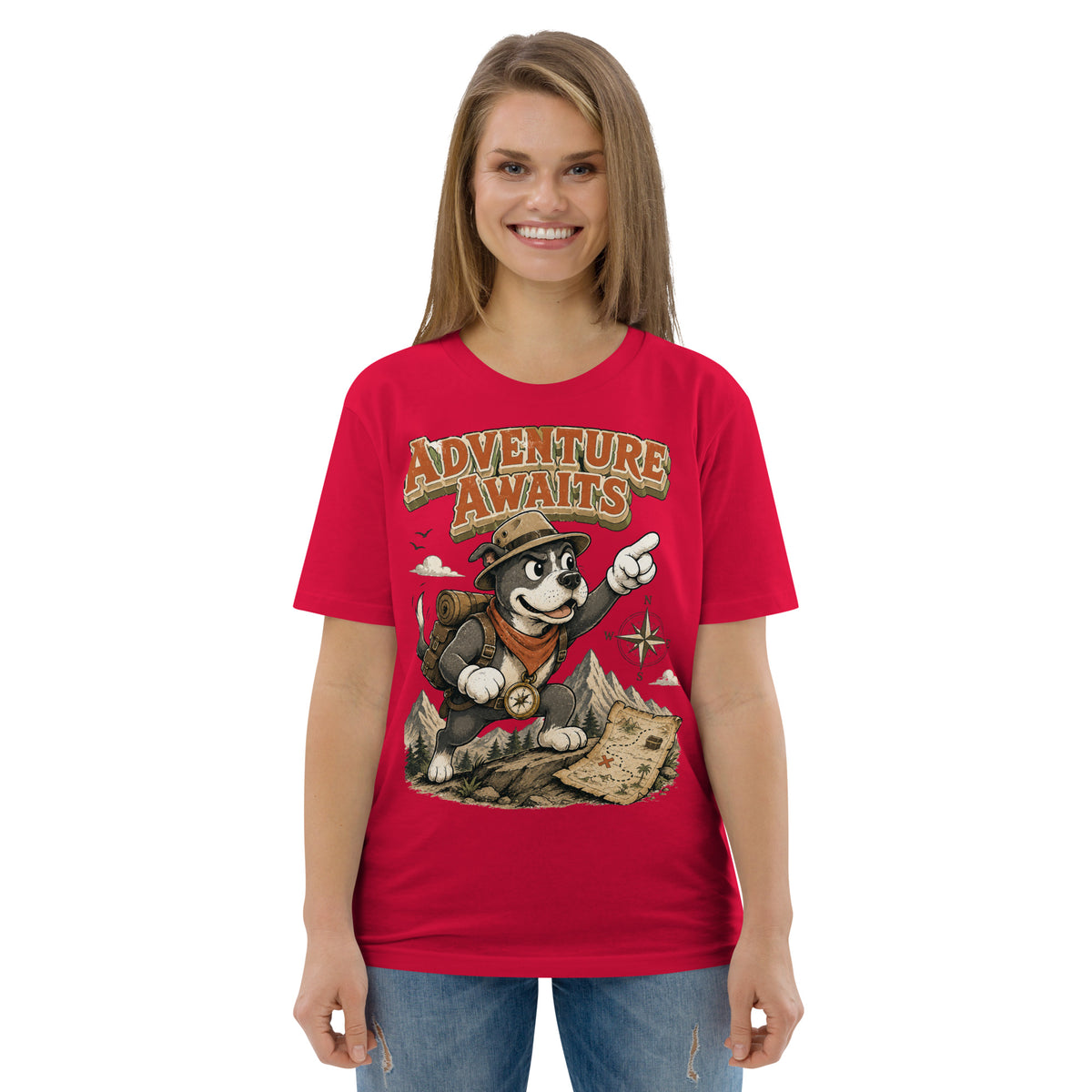 Pitbull Lovers | Unisex Organic Cotton T-Shirt - Adventure Awaits Explorer Dog by printfluence.net