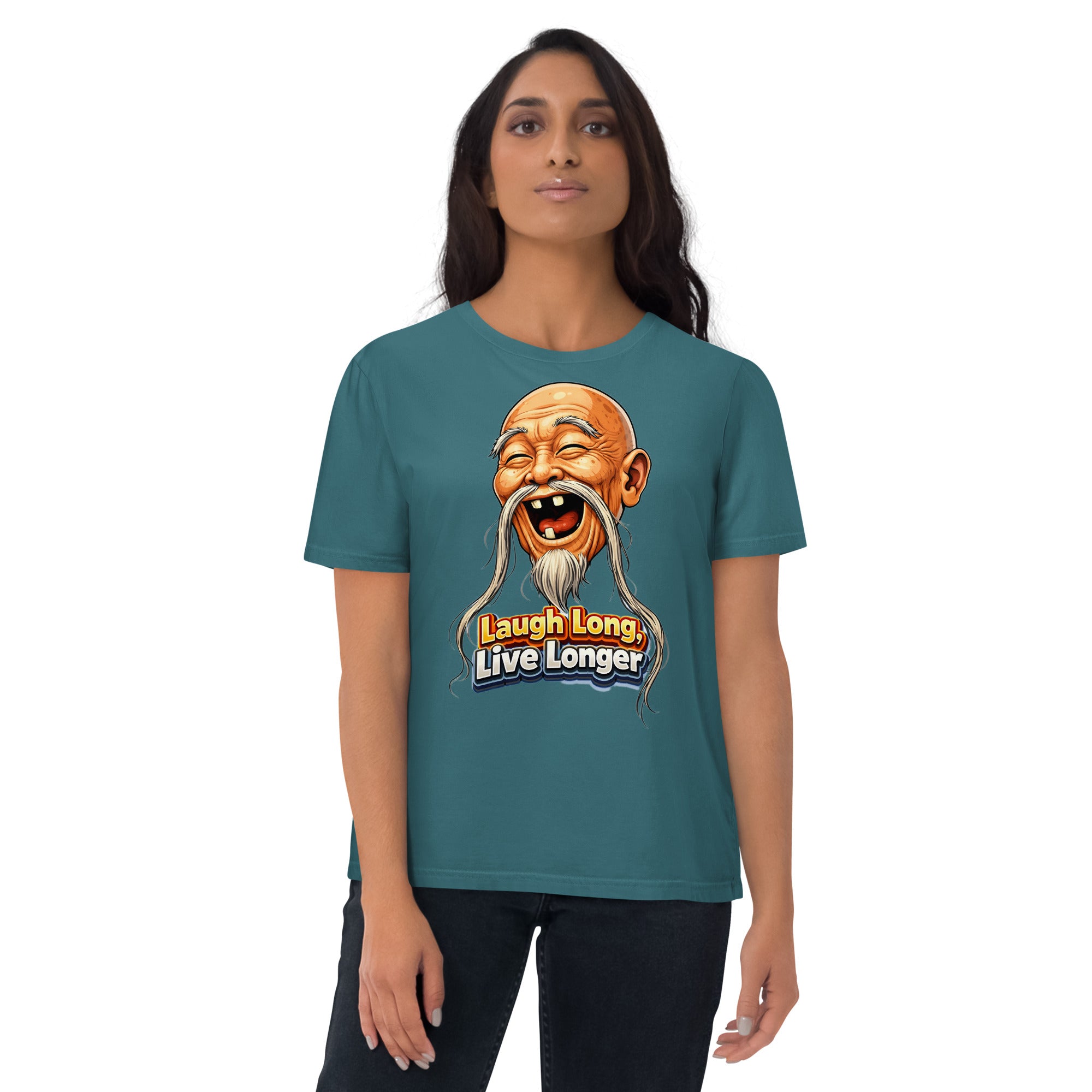 Unisex Organic Cotton Creator 2.0 T-Shirt - Wise Joy: Unisex Organic Cotton T-Shirt - Laugh Long Live Longer Graphic Tee by printfluence.net
