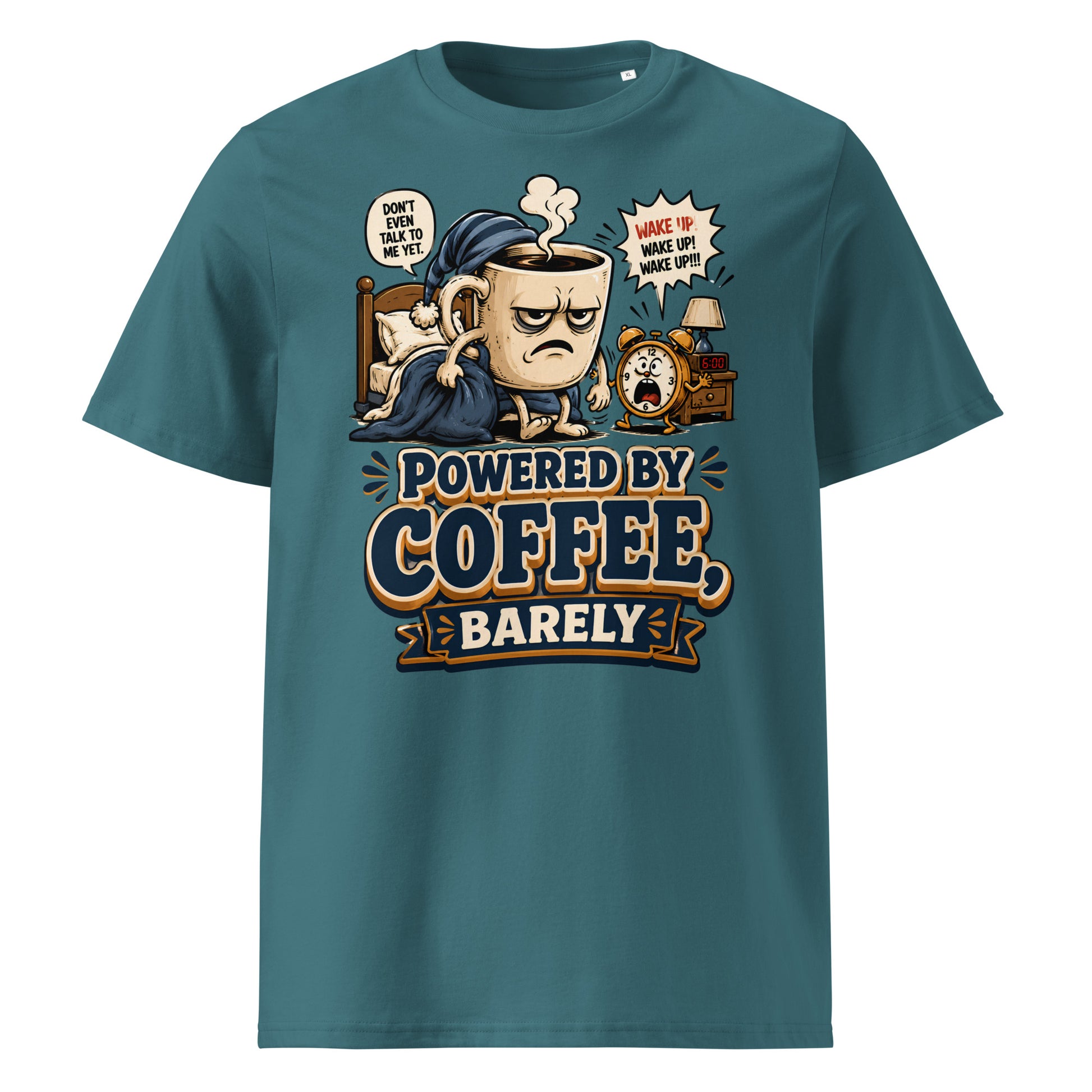Coffee Lovers Unisex Organic Cotton Tee - Powered By Coffee, Barely! by printfluence.net