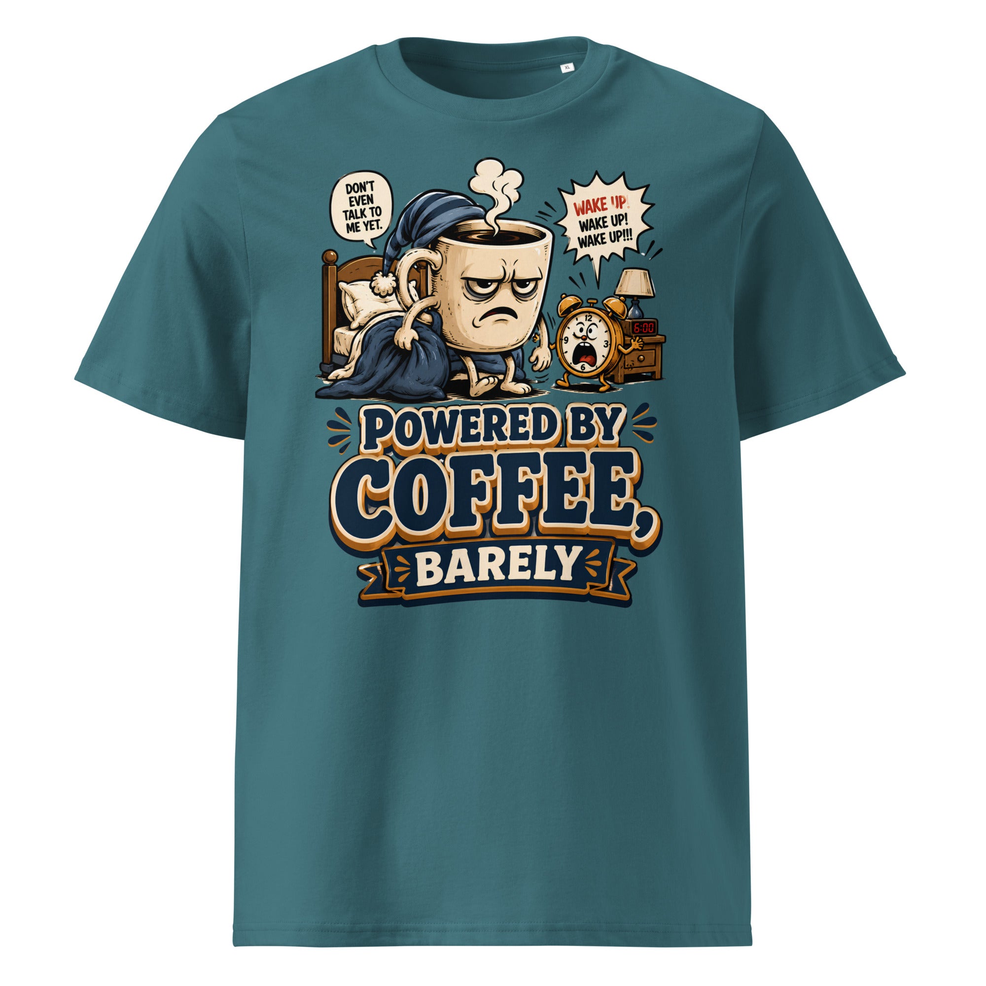 Coffee Lovers Unisex Organic Cotton Tee - Powered By Coffee, Barely! by printfluence.net