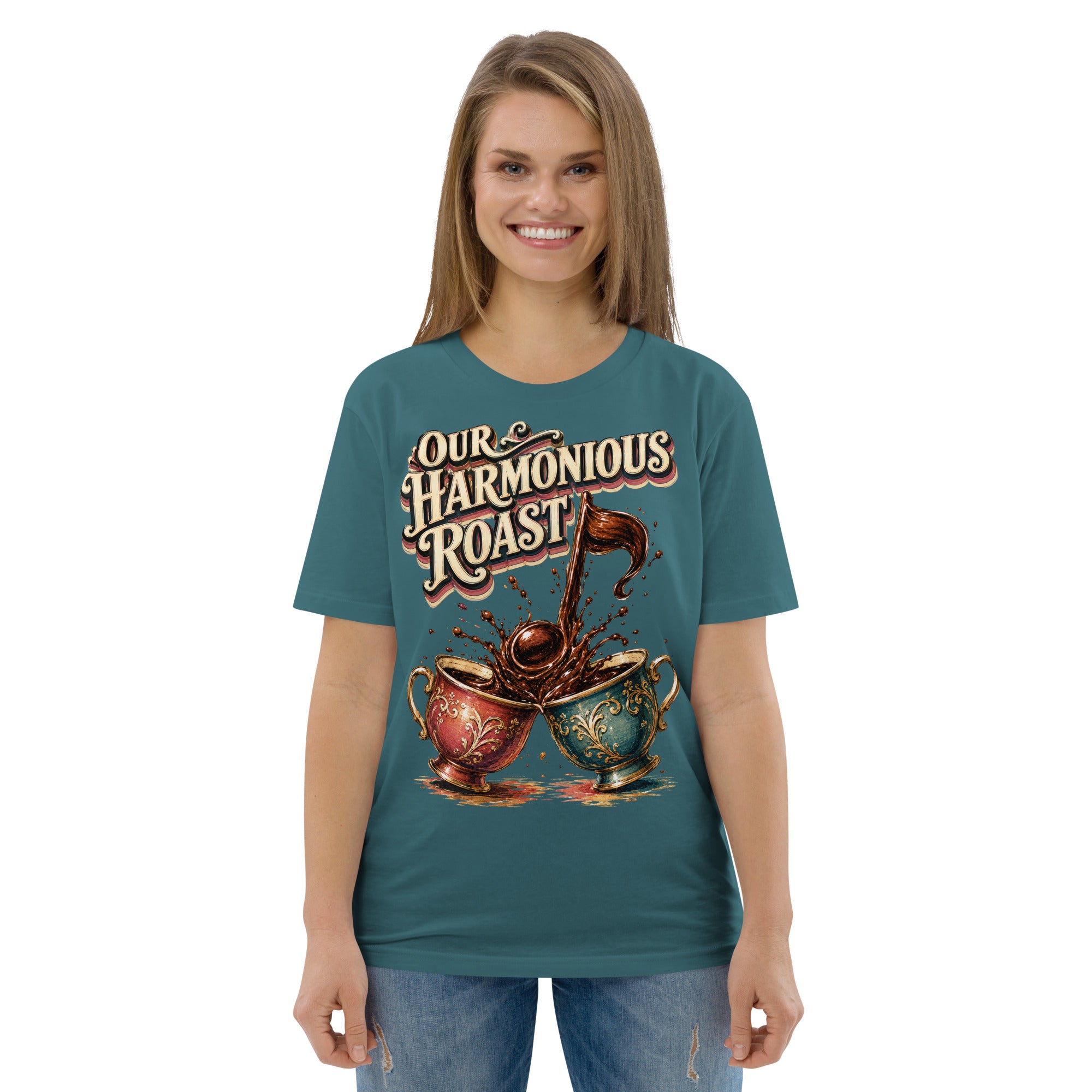 Coffee Lovers Unisex Organic Cotton T-Shirt Our Harmonious Roast – Musical Coffee Cups & Splatter Graphic Tee by printfluence.net