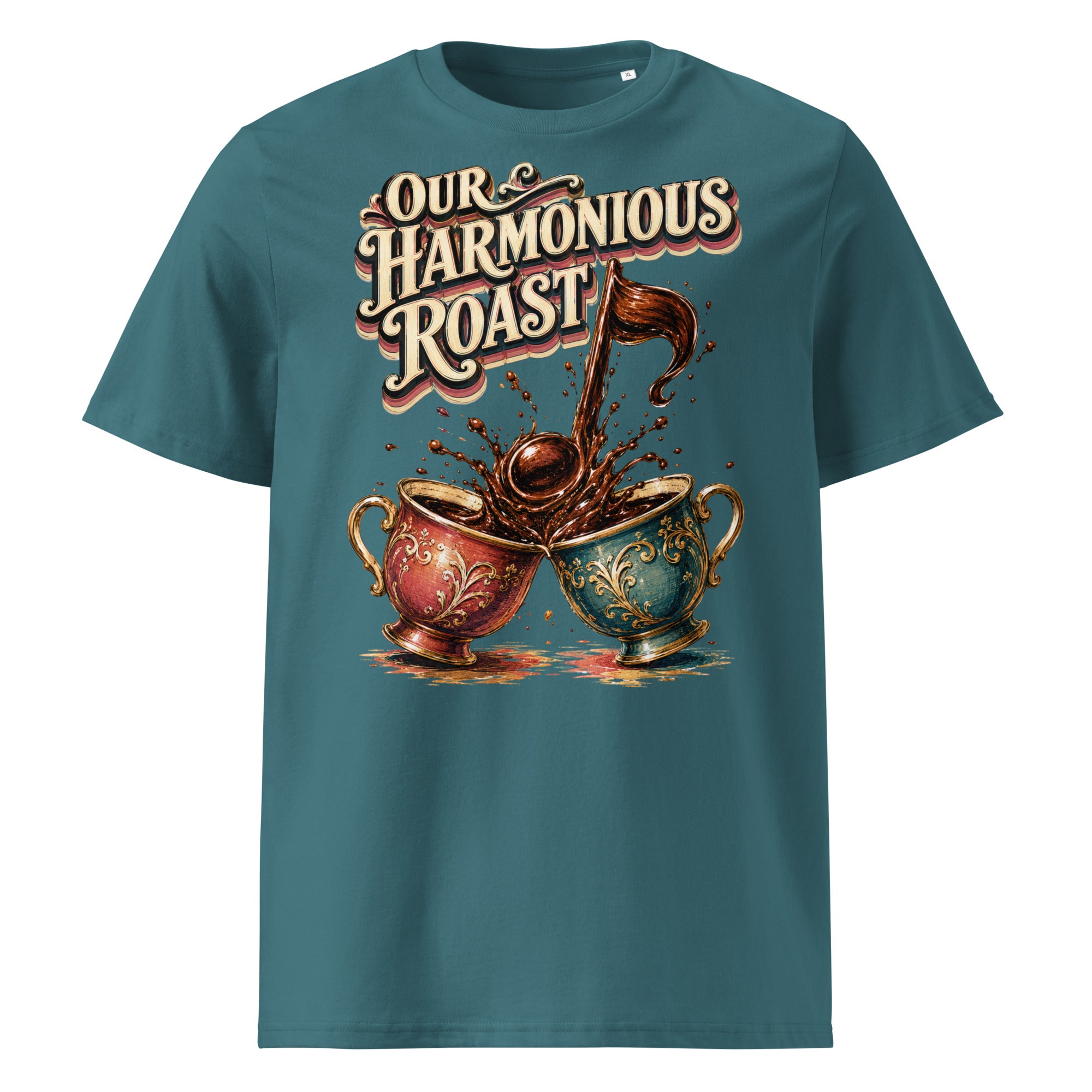 Coffee Lovers Unisex Organic Cotton T-Shirt Our Harmonious Roast – Musical Coffee Cups & Splatter Graphic Tee by printfluence.net