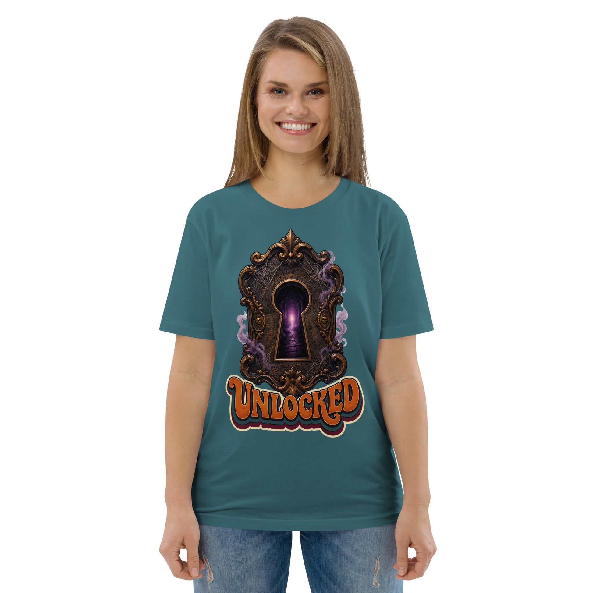 Horror and Mystery Lovers Unisex Organic Cotton Creator 2.0 T-Shirt — "Unlocked" Mystical Portal Design by printfluence.net