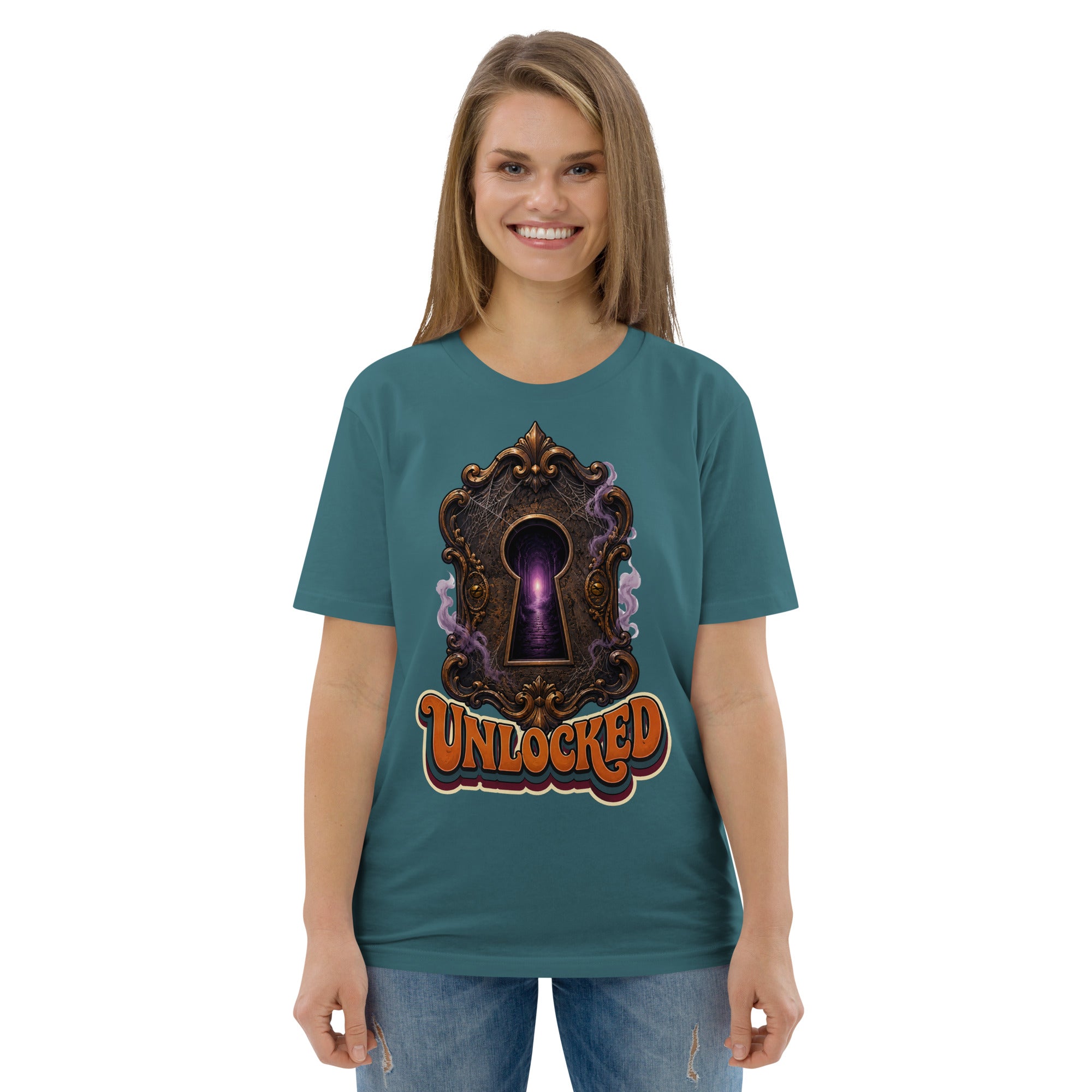 Horror and Mystery Lovers Unisex Organic Cotton Creator 2.0 T-Shirt — "Unlocked" Mystical Portal Design by printfluence.net
