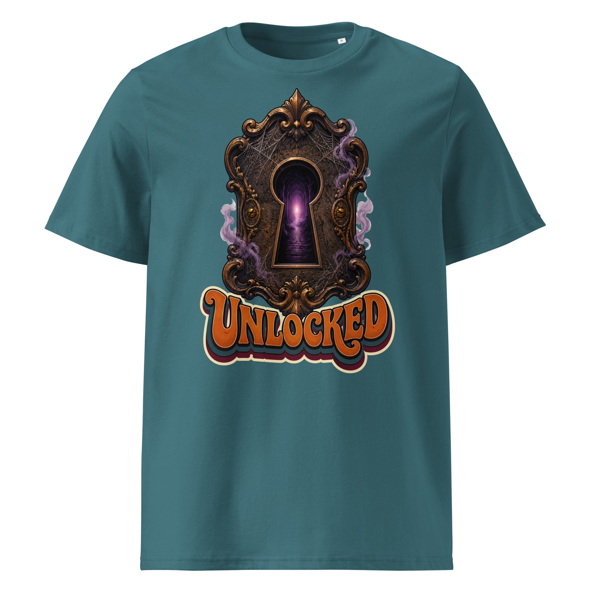 Horror and Mystery Lovers Unisex Organic Cotton Creator 2.0 T-Shirt — "Unlocked" Mystical Portal Design by printfluence.net