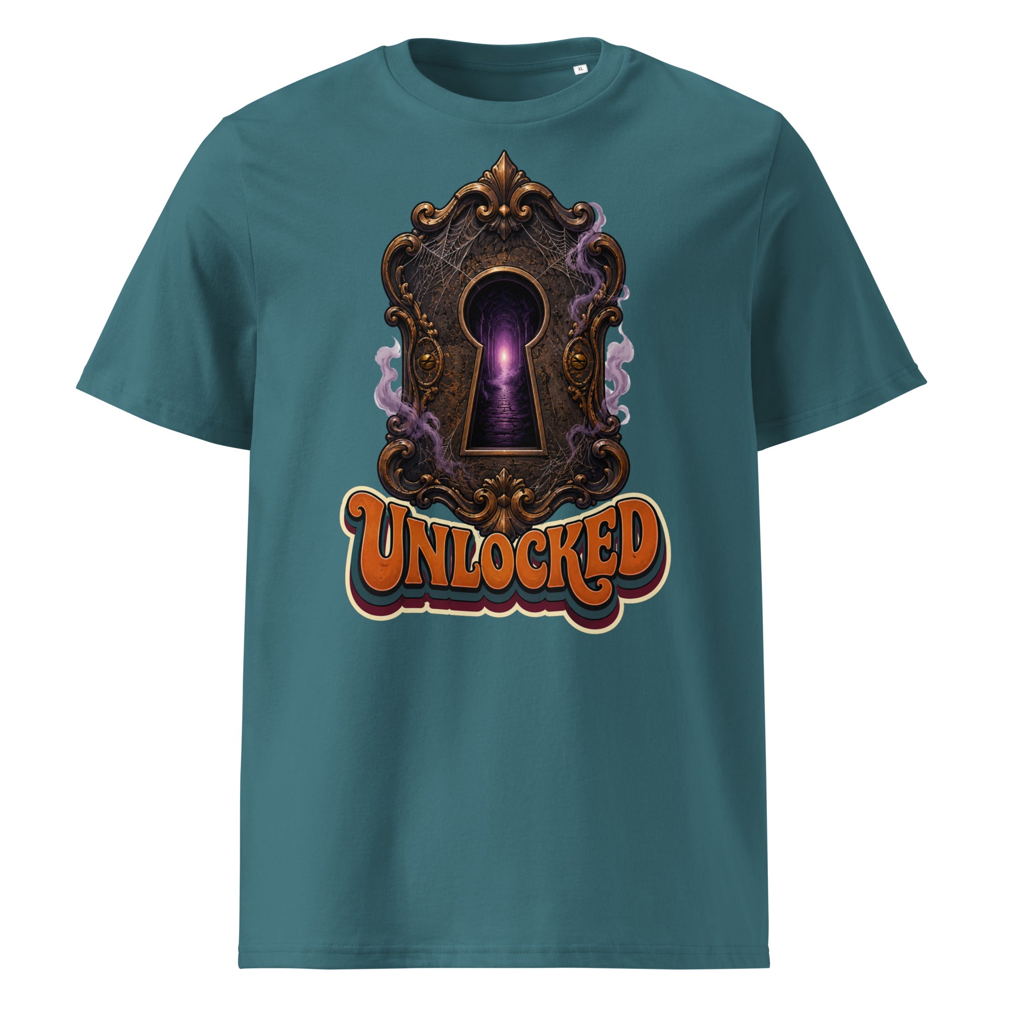 Horror and Mystery Lovers Unisex Organic Cotton Creator 2.0 T-Shirt — "Unlocked" Mystical Portal Design by printfluence.net