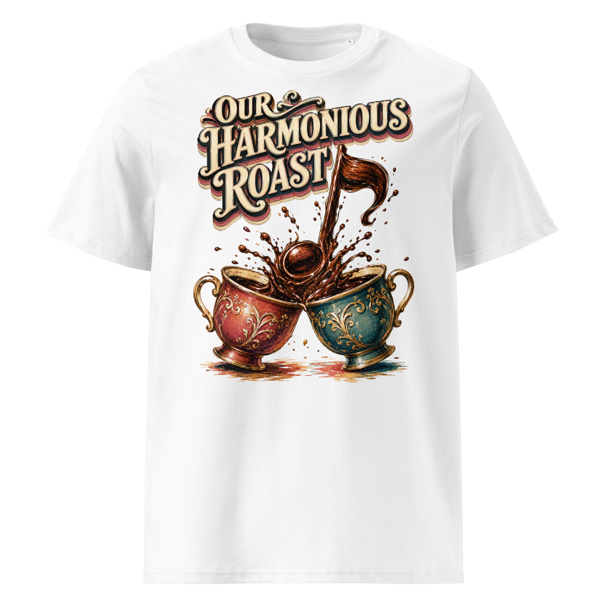 Coffee Lovers Unisex Organic Cotton T-Shirt Our Harmonious Roast – Musical Coffee Cups & Splatter Graphic Tee by printfluence.net