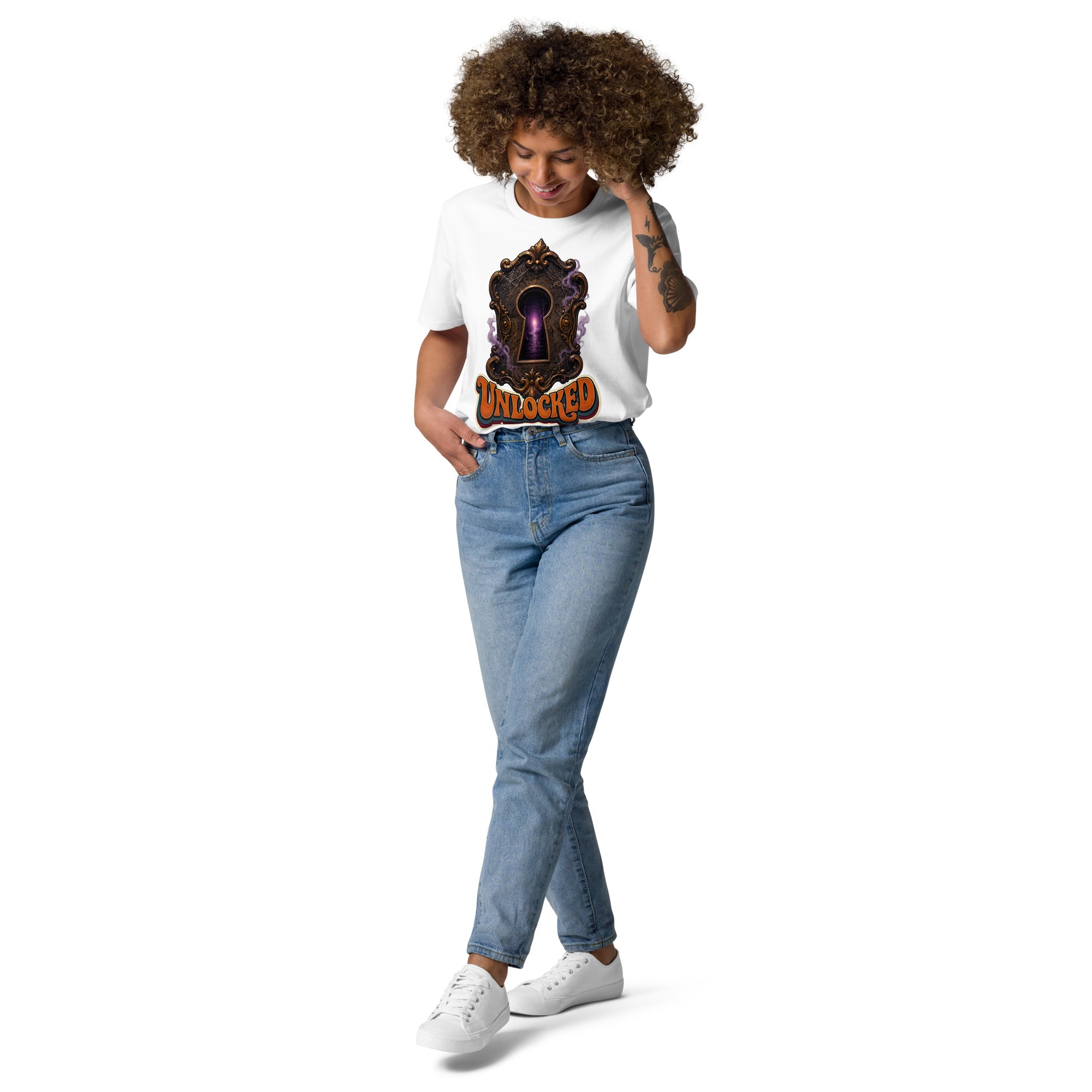 Horror and Mystery Lovers Unisex Organic Cotton Creator 2.0 T-Shirt — "Unlocked" Mystical Portal Design by printfluence.net