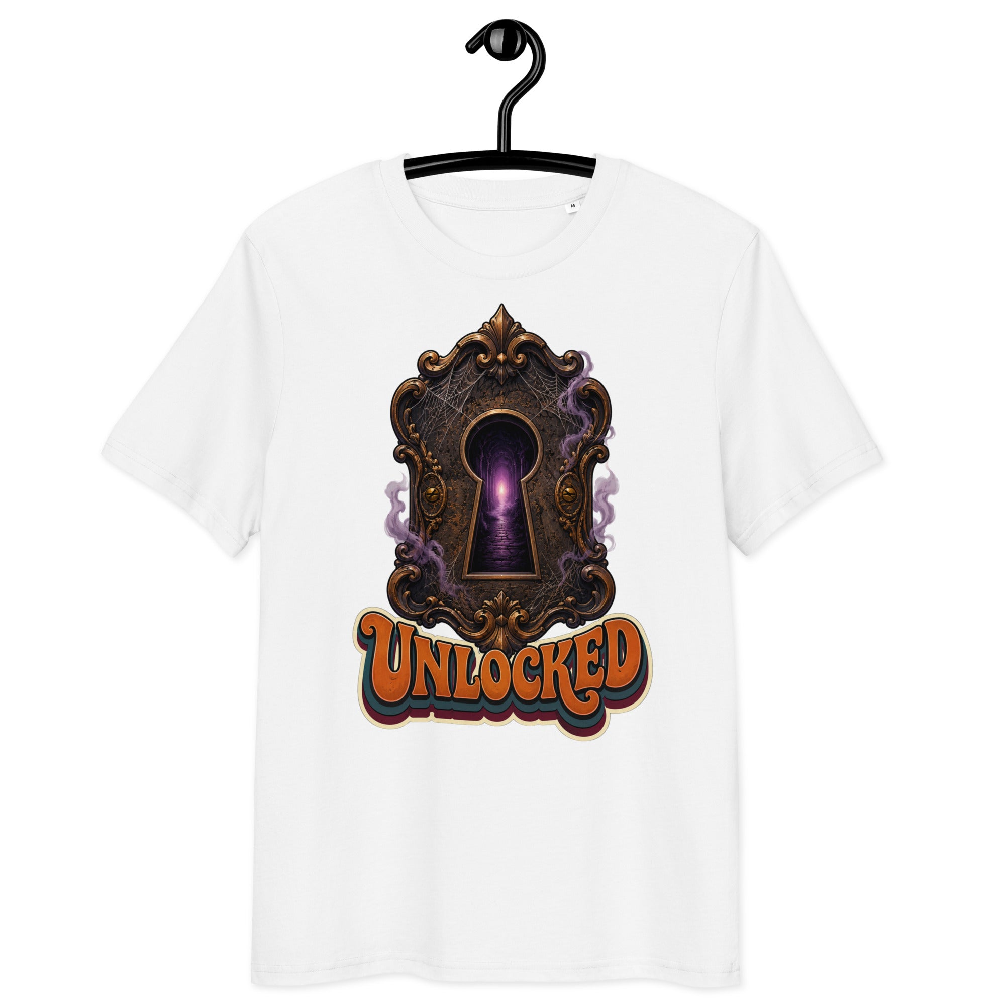 Horror and Mystery Lovers Unisex Organic Cotton Creator 2.0 T-Shirt — "Unlocked" Mystical Portal Design by printfluence.net