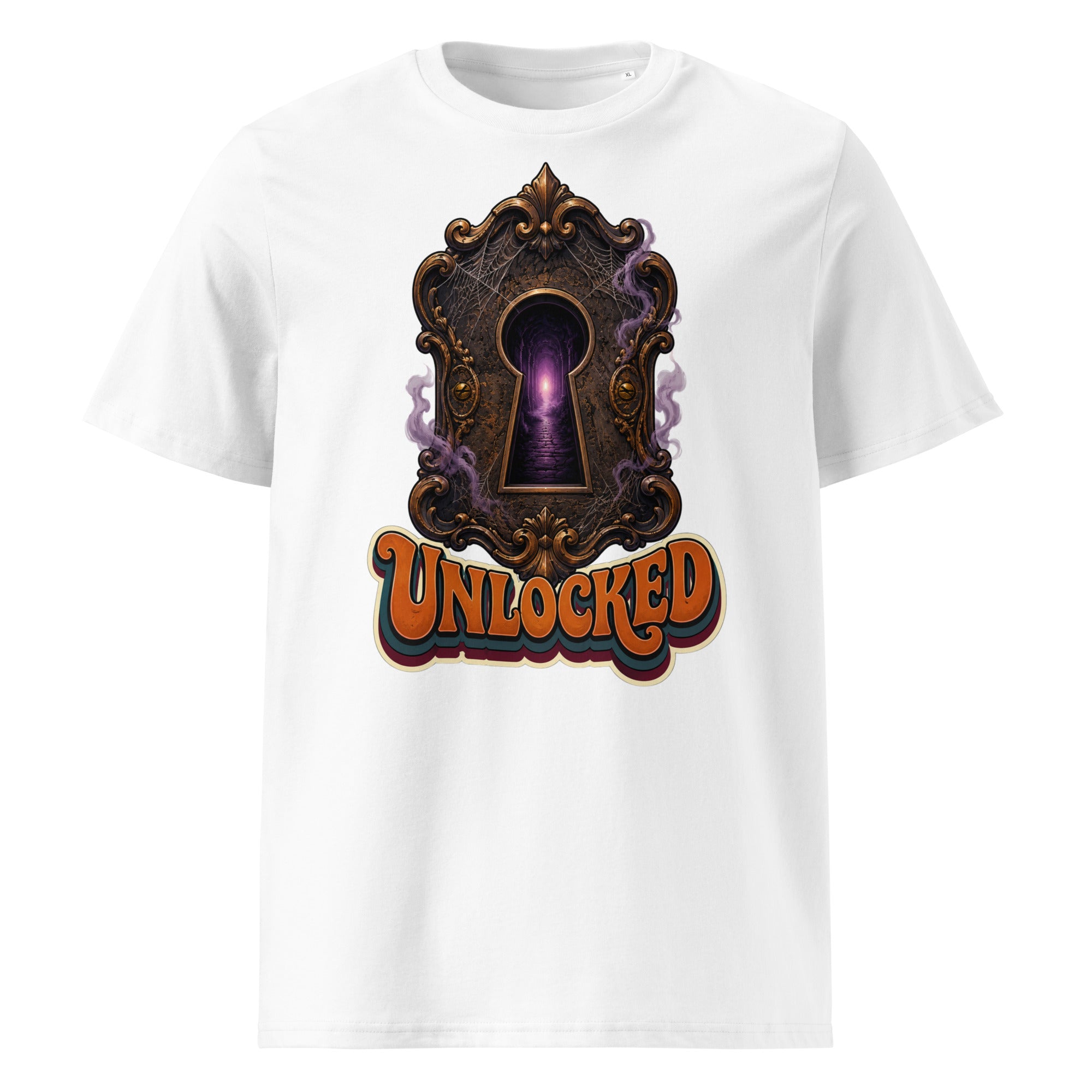 Horror and Mystery Lovers Unisex Organic Cotton Creator 2.0 T-Shirt — "Unlocked" Mystical Portal Design by printfluence.net