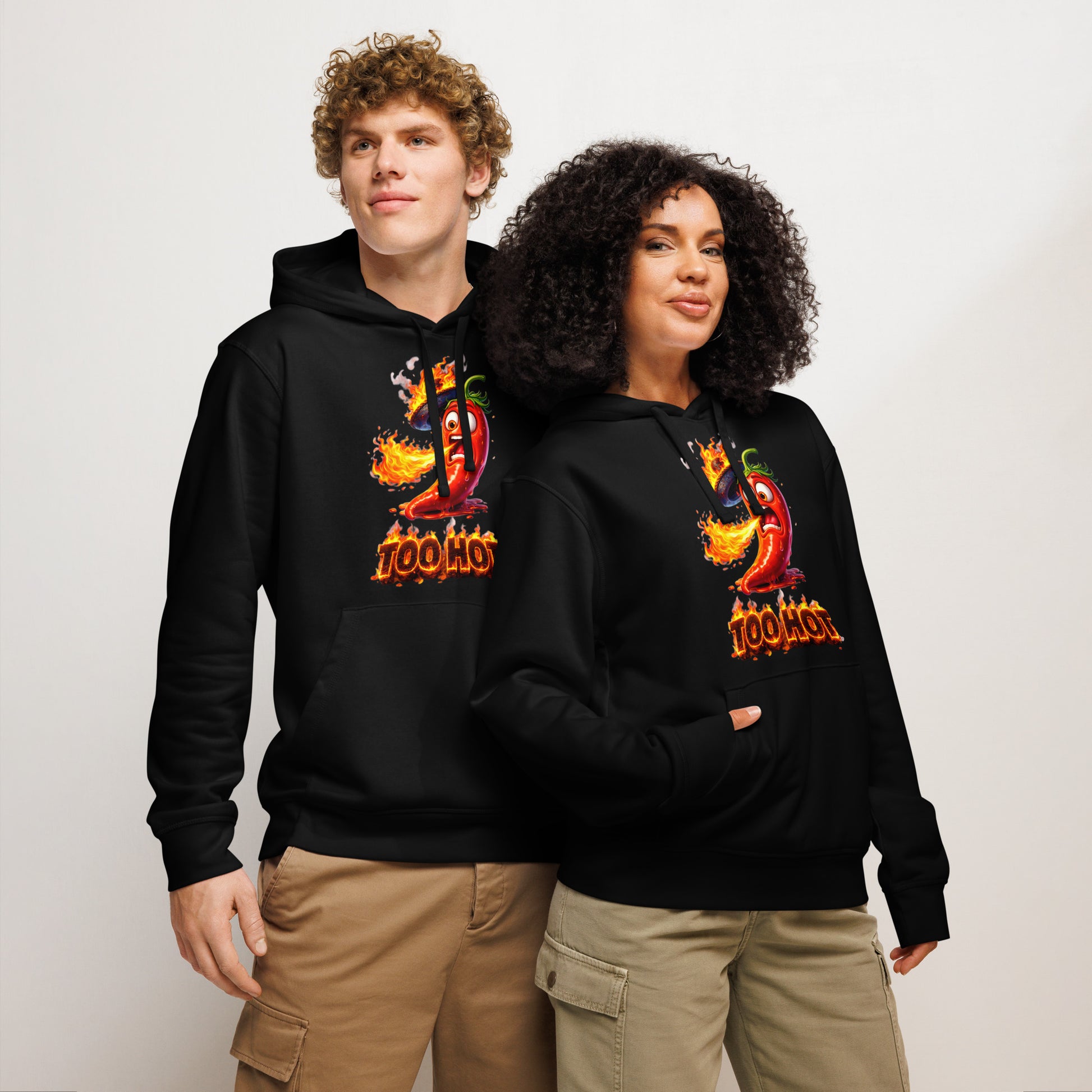 Unisex organic mid-weight hoodie - Spicy Vibe: "TOO HOT" Flaming Chili Unisex Organic Hoodie 🌶️🔥 by printfluence.net