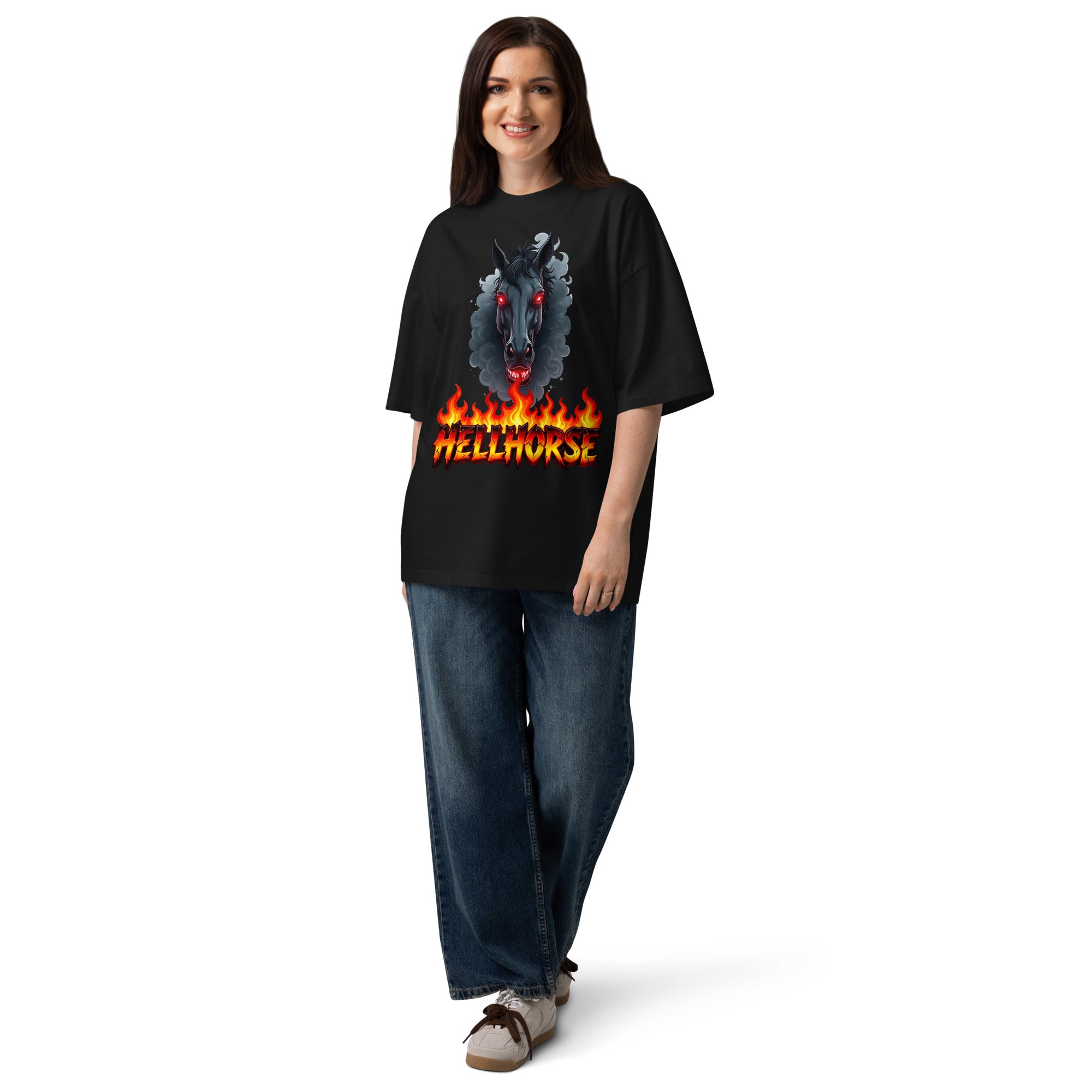 Unisex organic oversized high neck t-shirt - Hellhorse Unisex Organic Oversized High Neck T-Shirt – Fiery Street Rebel Fit by printfluence.net
