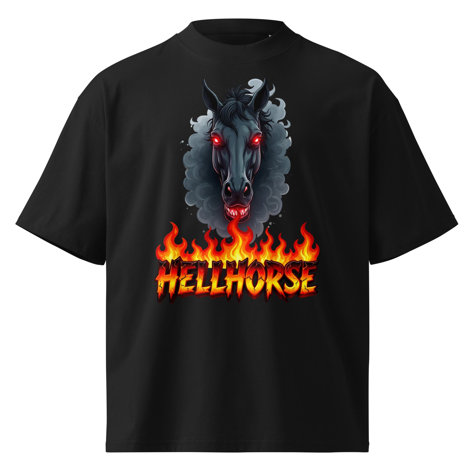 Unisex organic oversized high neck t-shirt - Hellhorse Unisex Organic Oversized High Neck T-Shirt – Fiery Street Rebel Fit by printfluence.net