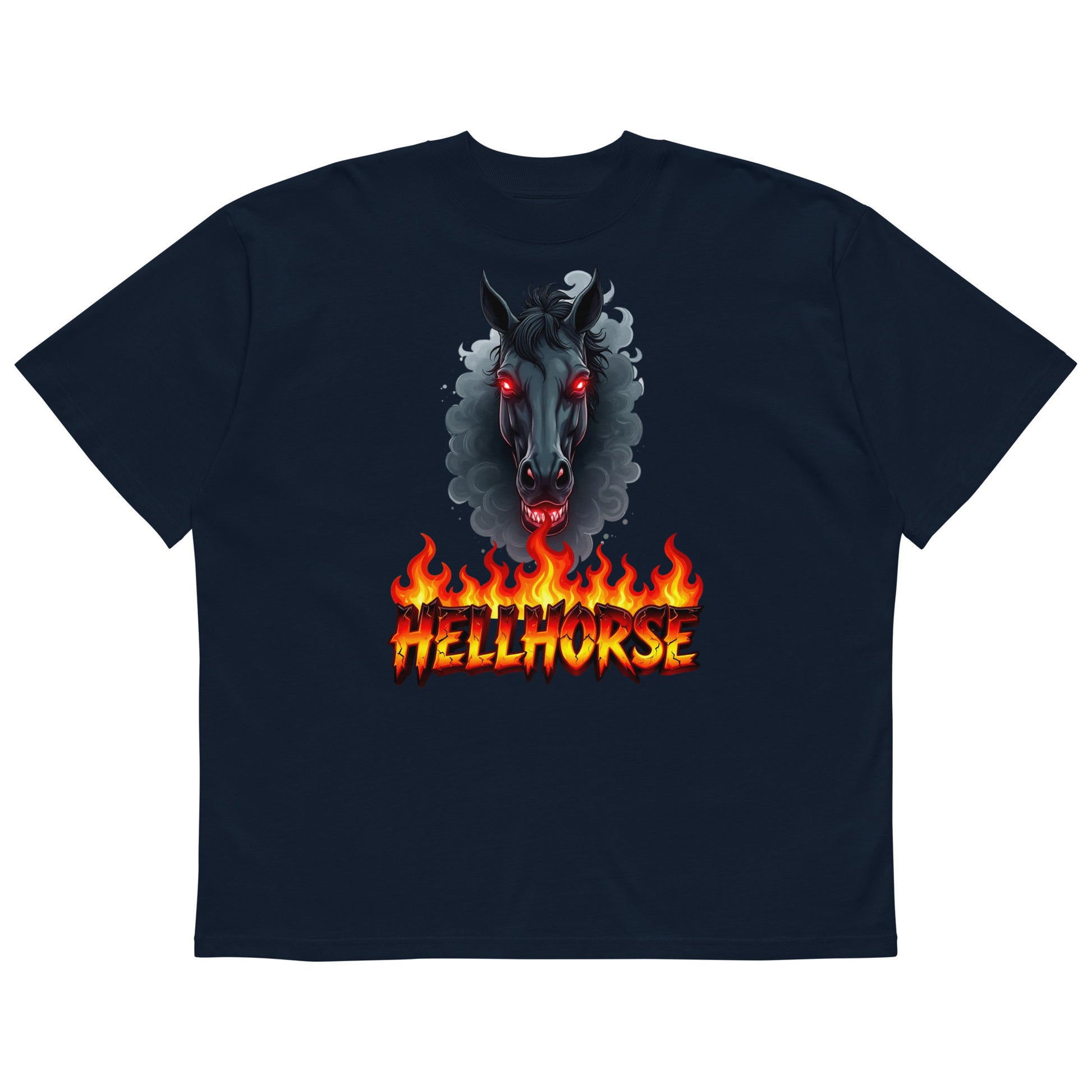 Unisex organic oversized high neck t-shirt - Hellhorse Unisex Organic Oversized High Neck T-Shirt – Fiery Street Rebel Fit by printfluence.net