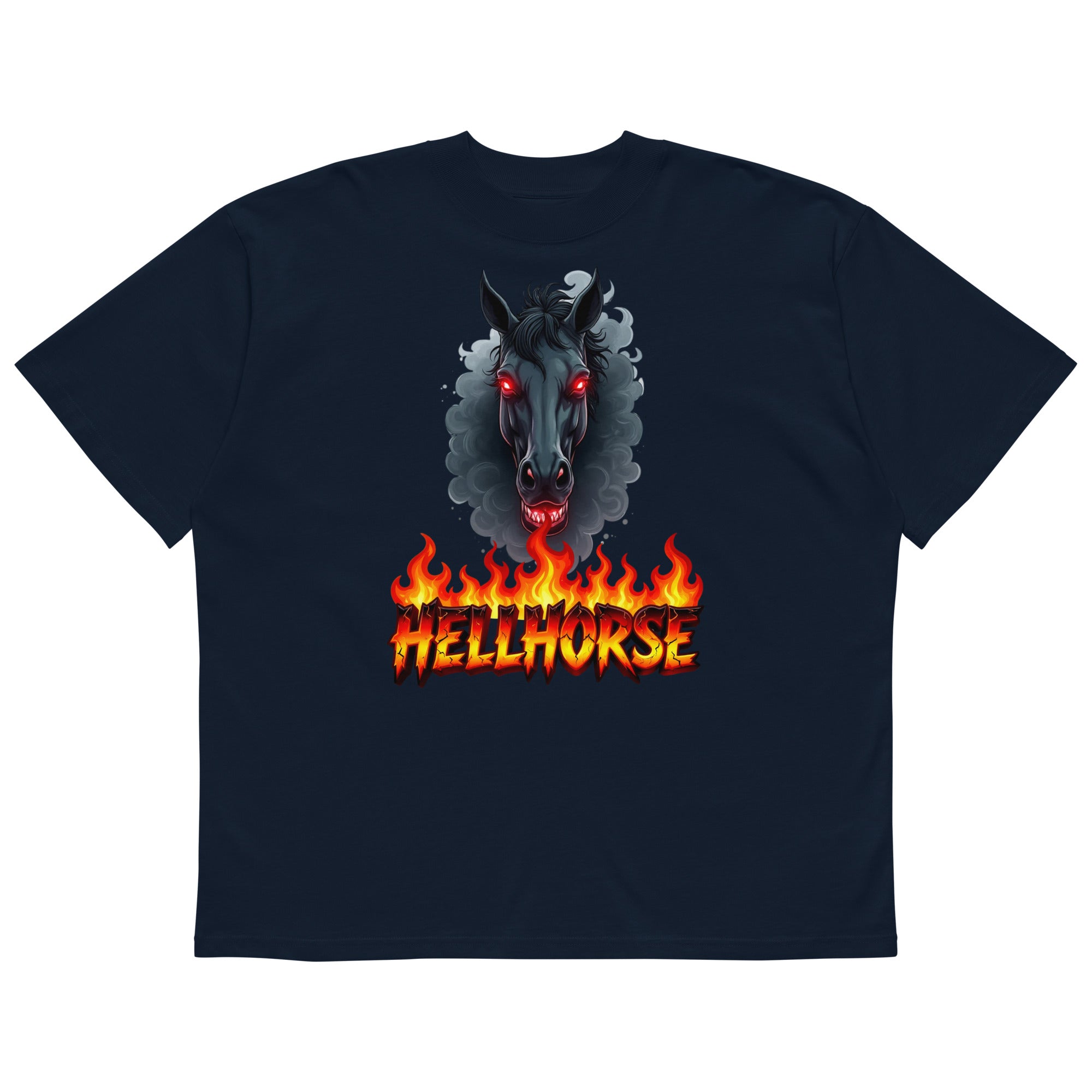 Unisex organic oversized high neck t-shirt - Hellhorse Unisex Organic Oversized High Neck T-Shirt – Fiery Street Rebel Fit by printfluence.net