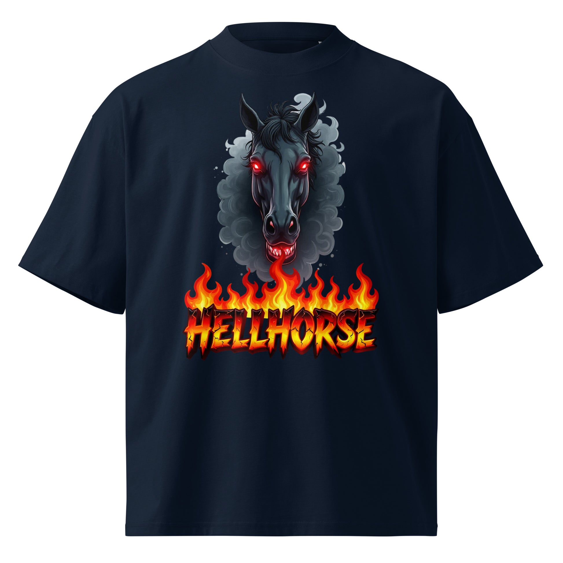 Unisex organic oversized high neck t-shirt - Hellhorse Unisex Organic Oversized High Neck T-Shirt – Fiery Street Rebel Fit by printfluence.net