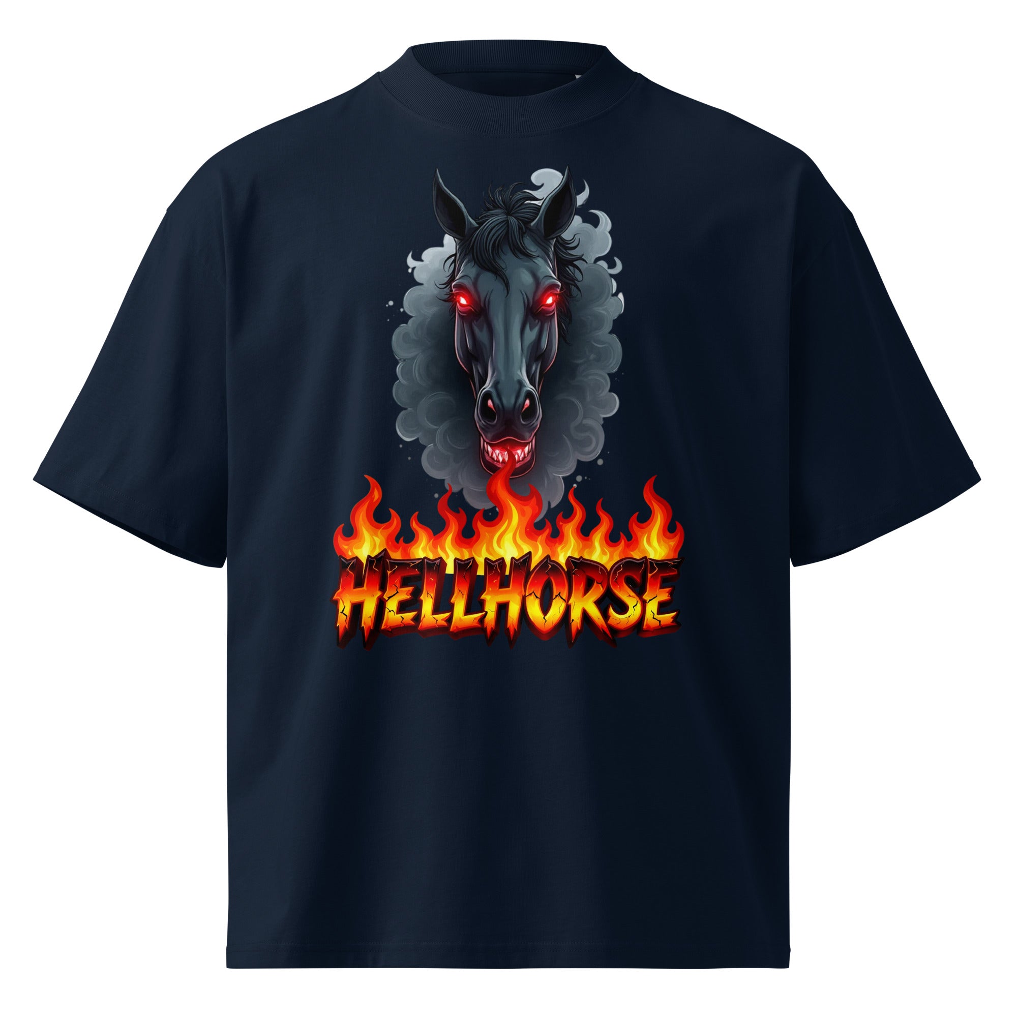 Unisex organic oversized high neck t-shirt - Hellhorse Unisex Organic Oversized High Neck T-Shirt – Fiery Street Rebel Fit by printfluence.net