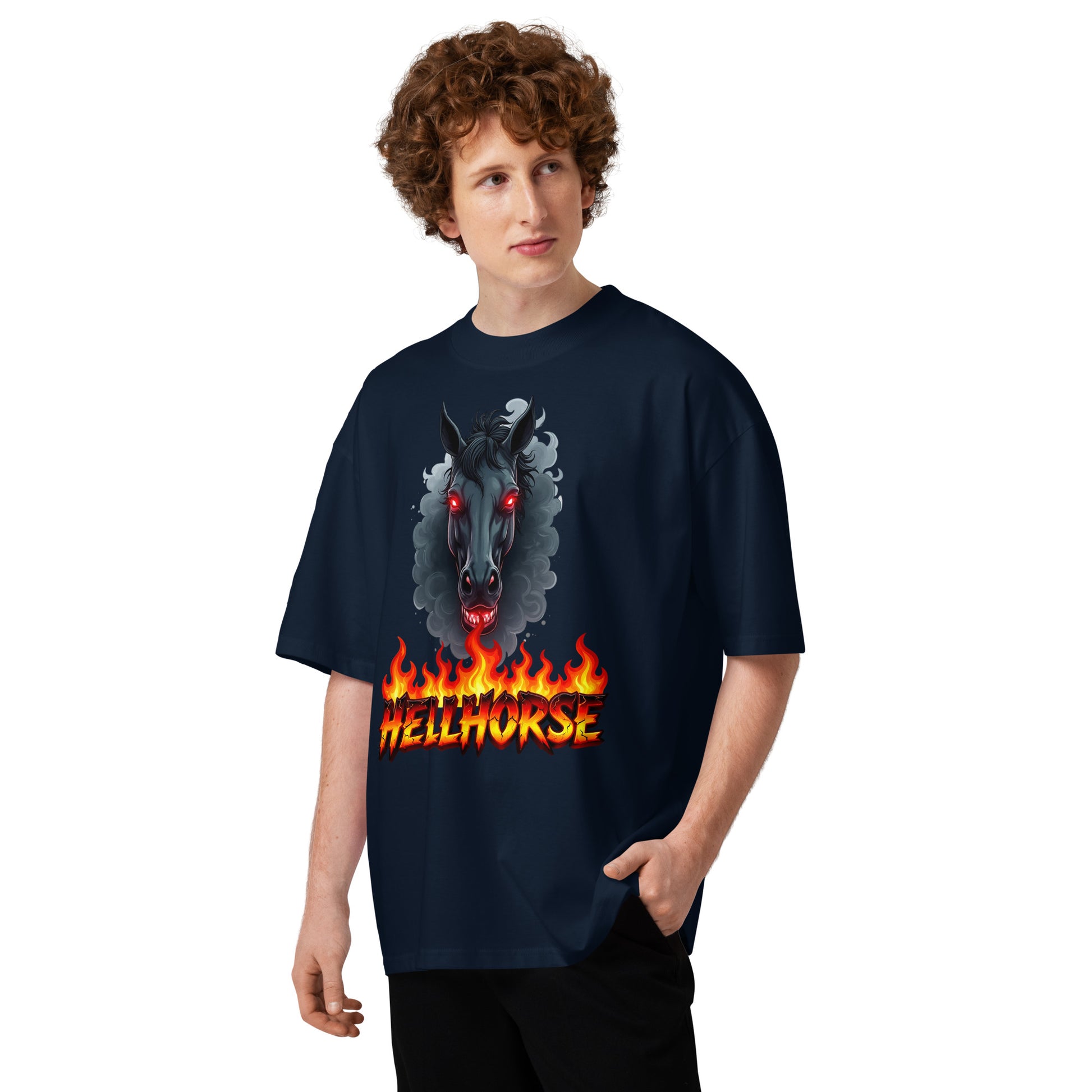 Unisex organic oversized high neck t-shirt - Hellhorse Unisex Organic Oversized High Neck T-Shirt – Fiery Street Rebel Fit by printfluence.net