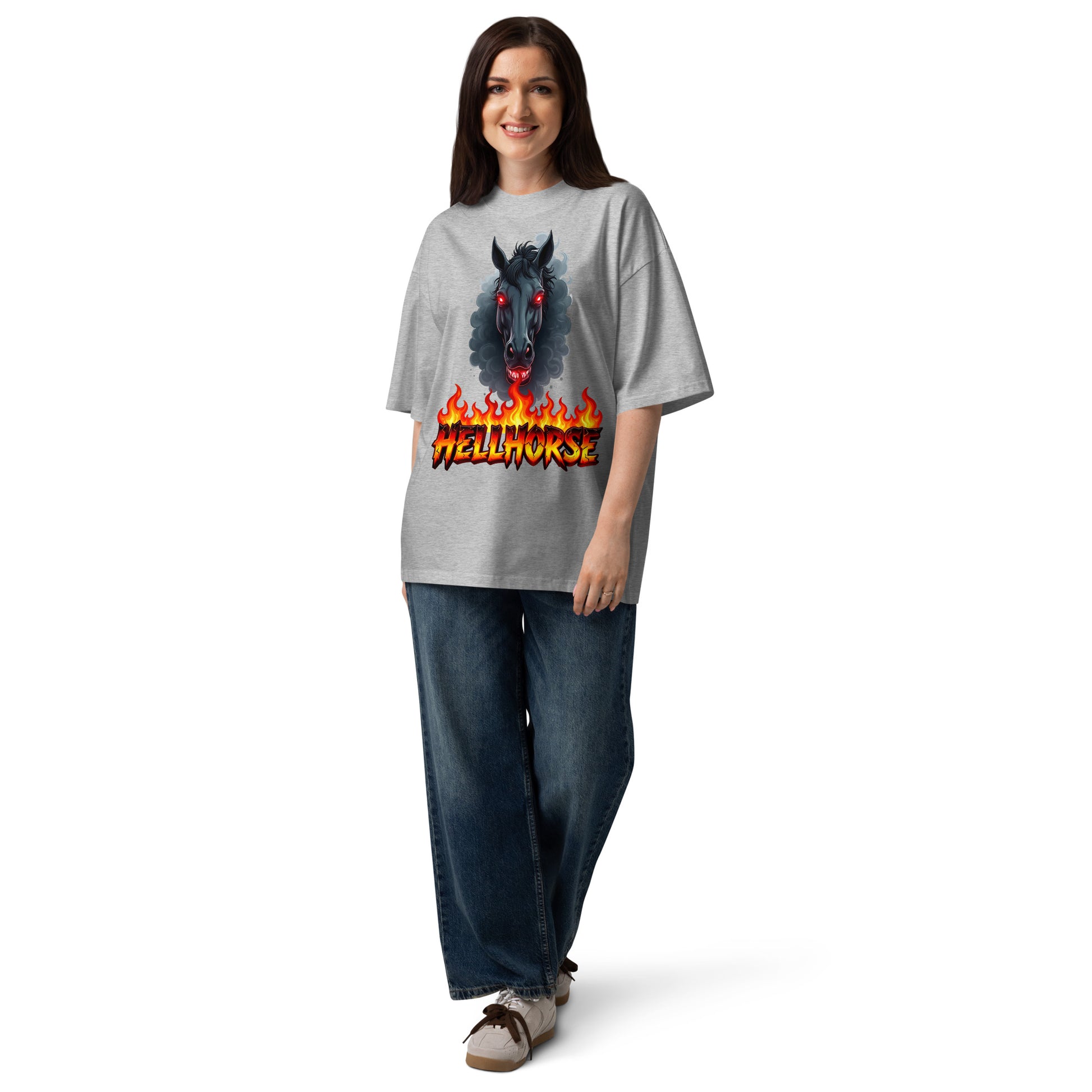 Unisex organic oversized high neck t-shirt - Hellhorse Unisex Organic Oversized High Neck T-Shirt – Fiery Street Rebel Fit by printfluence.net