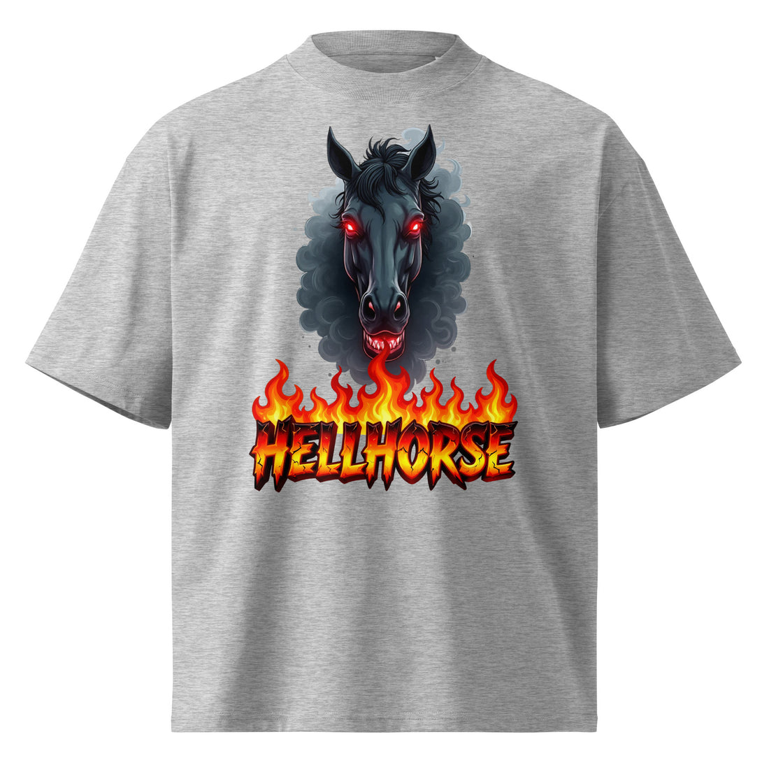 Unisex organic oversized high neck t-shirt - Hellhorse Unisex Organic Oversized High Neck T-Shirt – Fiery Street Rebel Fit by printfluence.net