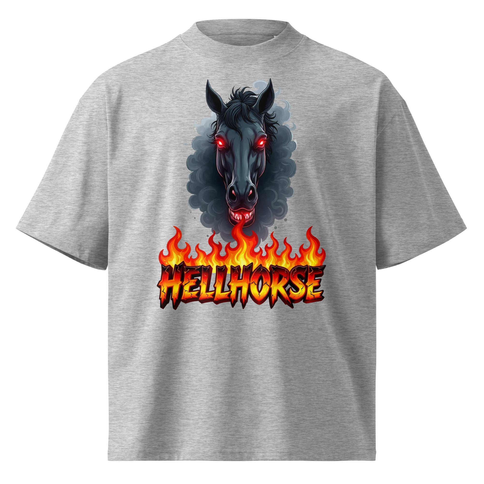 Unisex organic oversized high neck t-shirt - Hellhorse Unisex Organic Oversized High Neck T-Shirt – Fiery Street Rebel Fit by printfluence.net