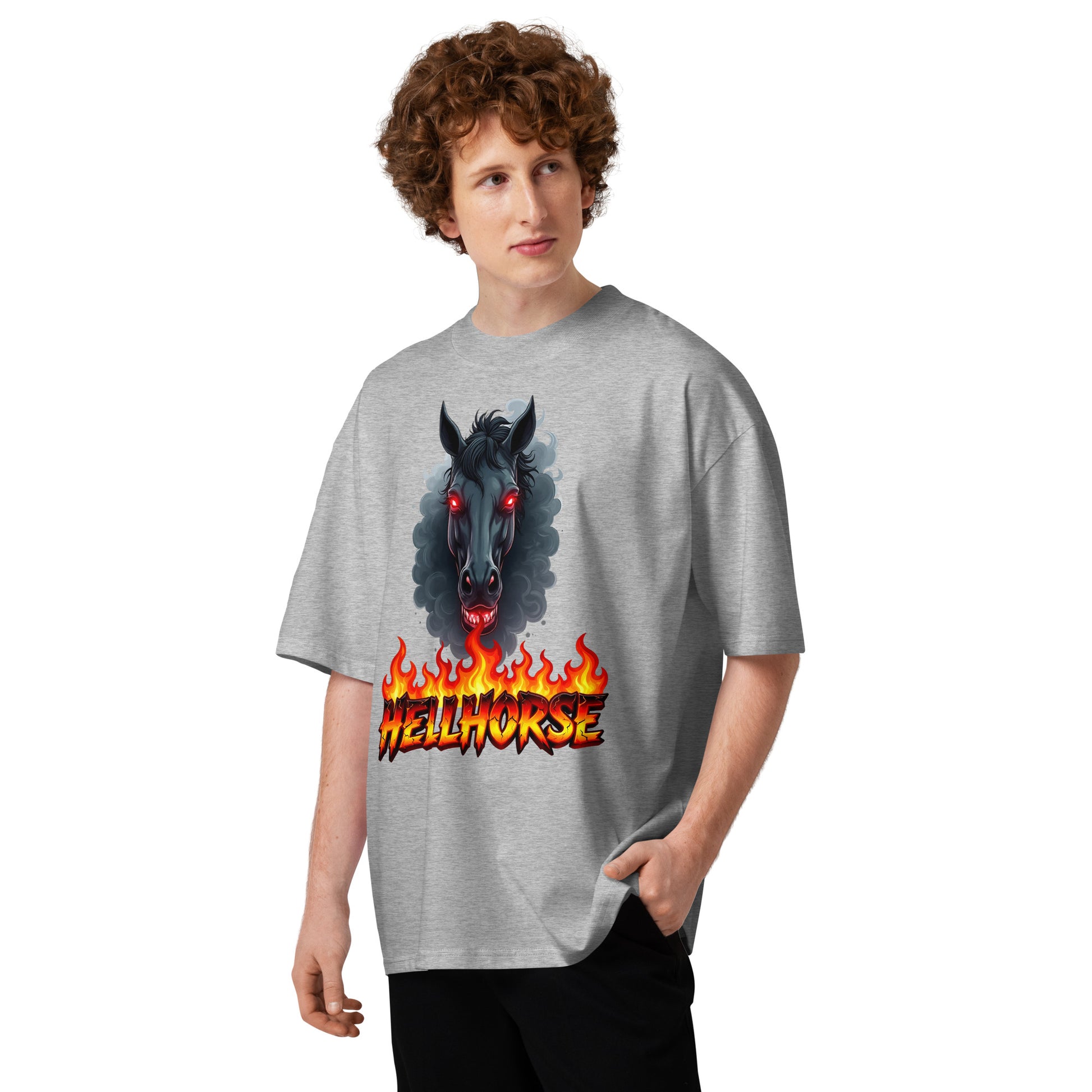 Unisex organic oversized high neck t-shirt - Hellhorse Unisex Organic Oversized High Neck T-Shirt – Fiery Street Rebel Fit by printfluence.net