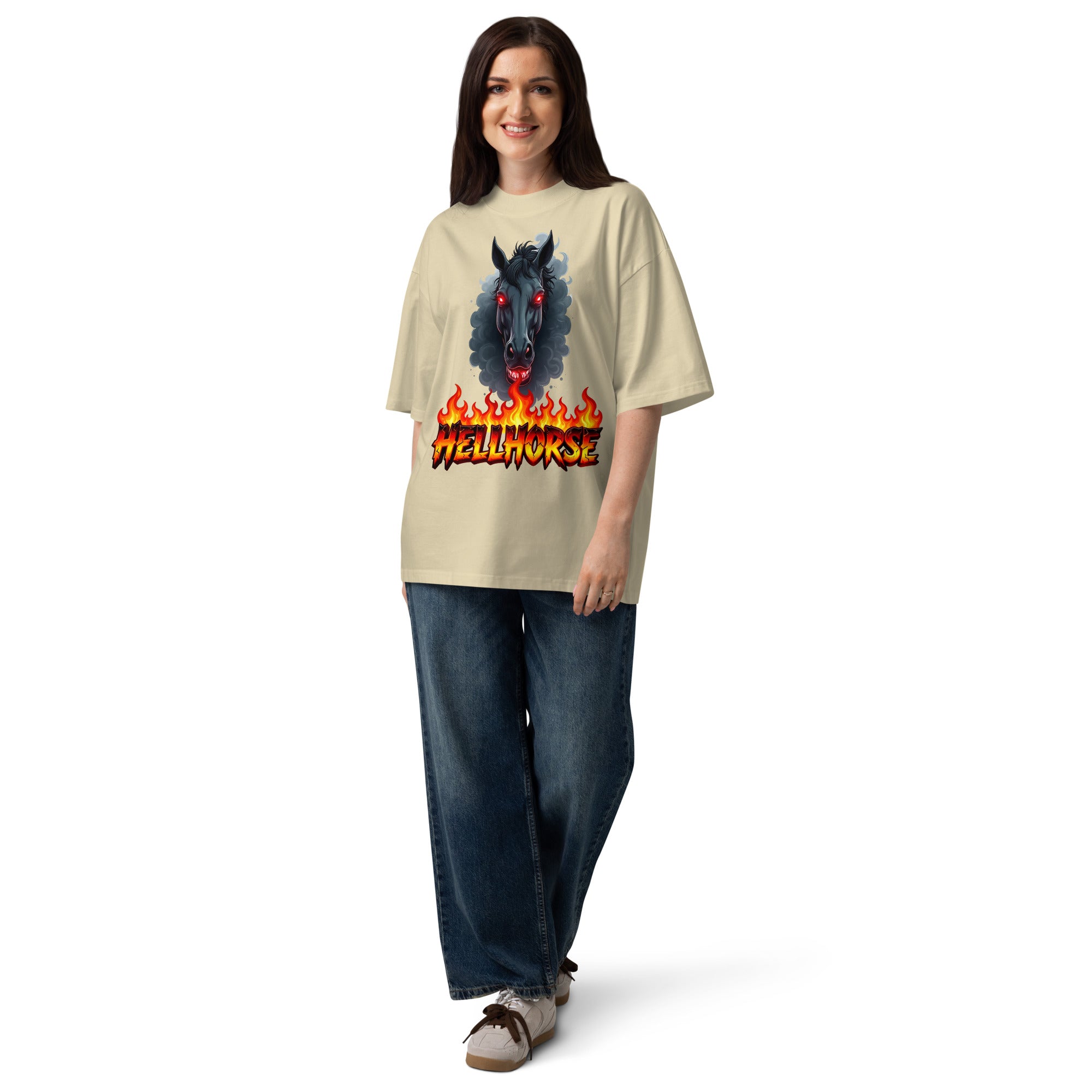 Unisex organic oversized high neck t-shirt - Hellhorse Unisex Organic Oversized High Neck T-Shirt – Fiery Street Rebel Fit by printfluence.net